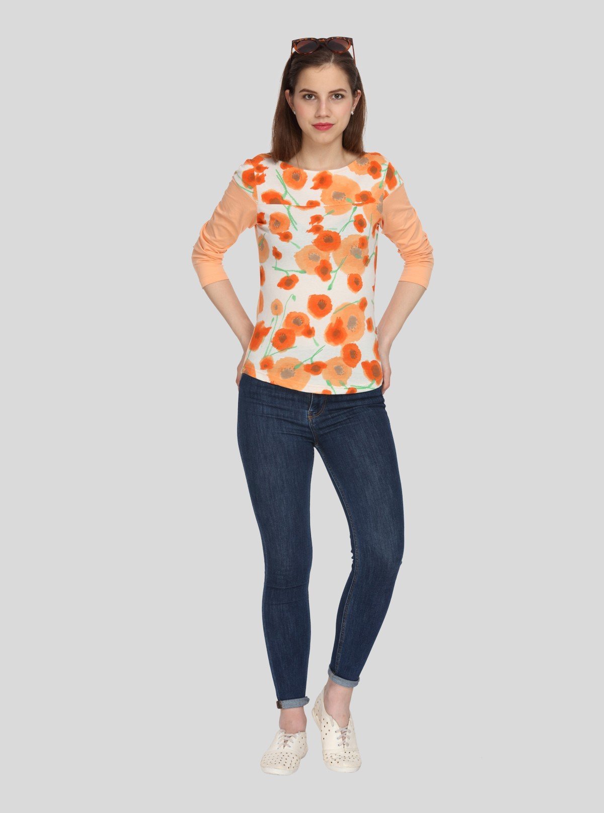 Women's Orange Floral Print Scoop Neck Top with Contrast Sleeves – Cotton Jersey - Boer and Fitch