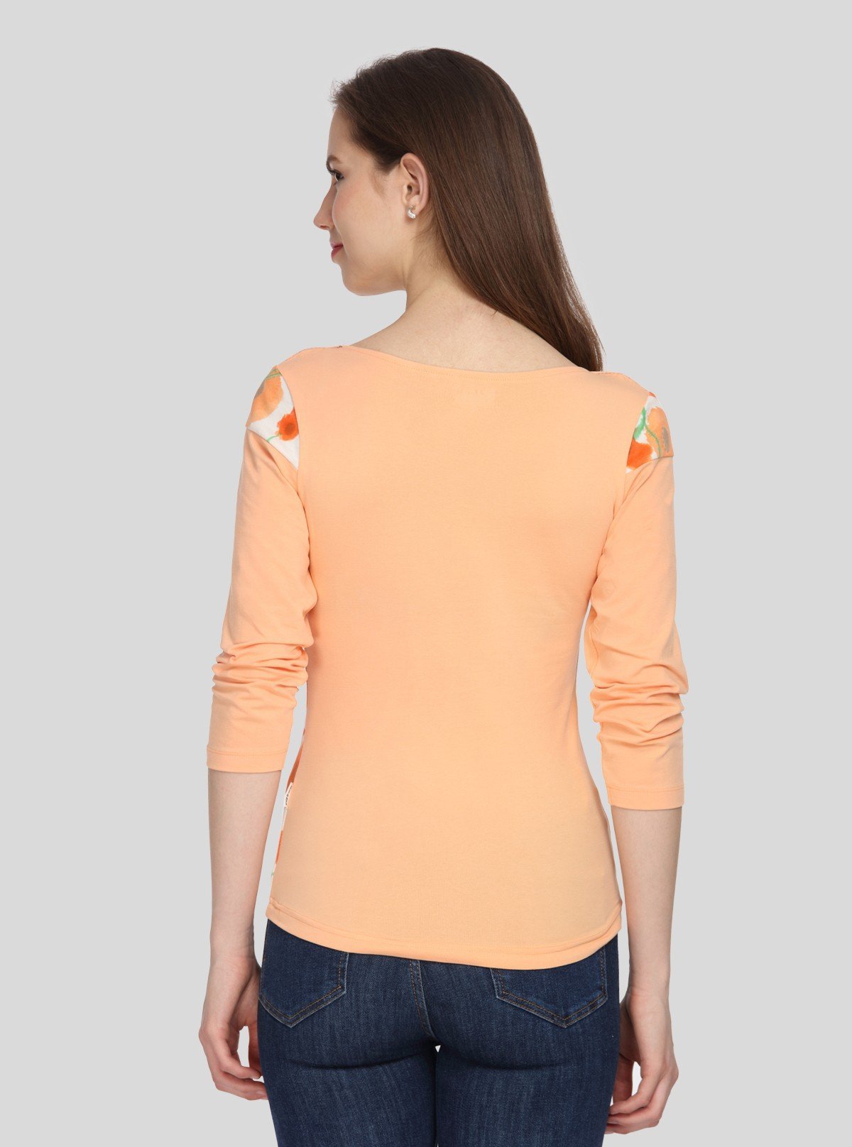 Women's Orange Floral Print Scoop Neck Top with Contrast Sleeves – Cotton Jersey - Boer and Fitch