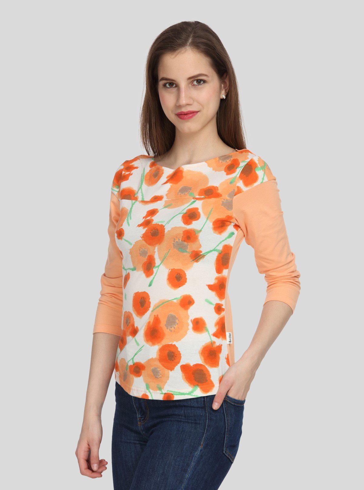 Women's Orange Floral Print Scoop Neck Top with Contrast Sleeves – Cotton Jersey - Boer and Fitch