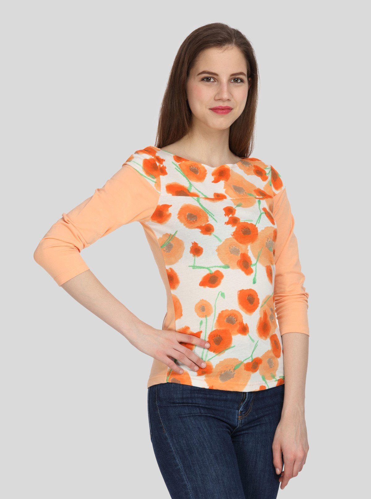 Women's Orange Floral Print Scoop Neck Top with Contrast Sleeves – Cotton Jersey - Boer and Fitch