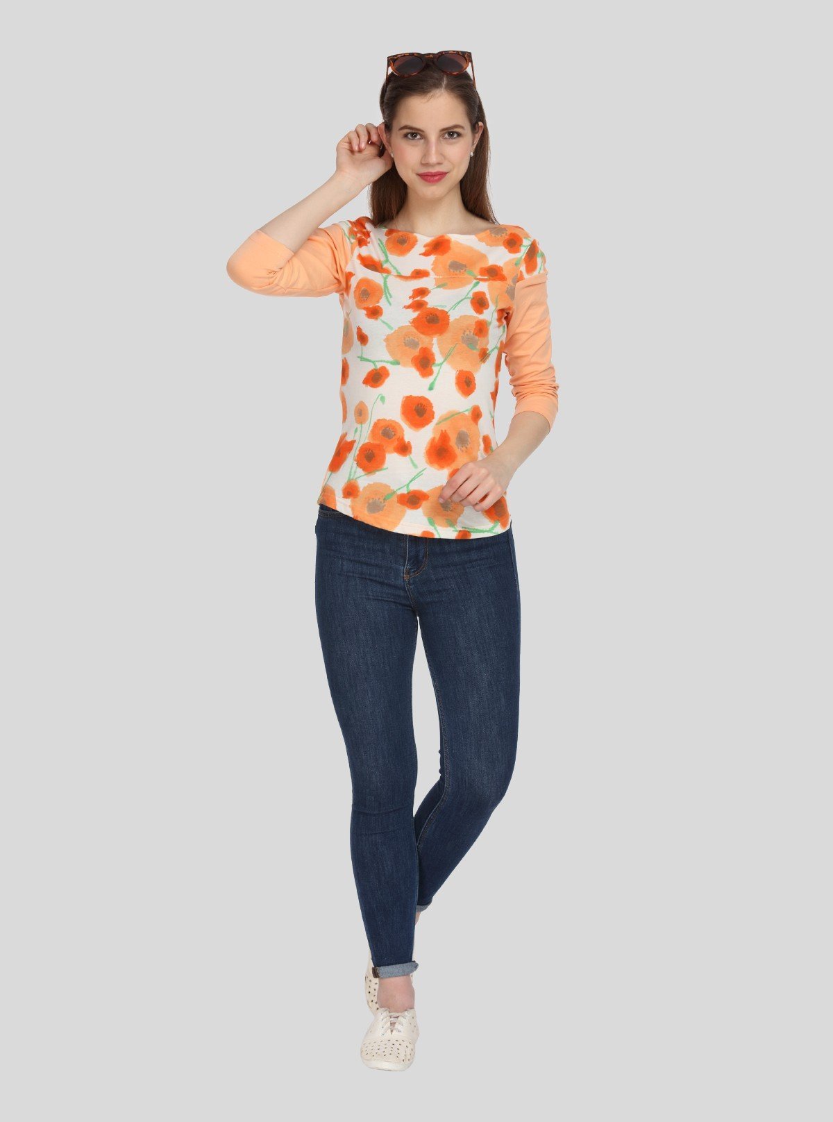 Women's Orange Floral Print Scoop Neck Top with Contrast Sleeves – Cotton Jersey - Boer and Fitch