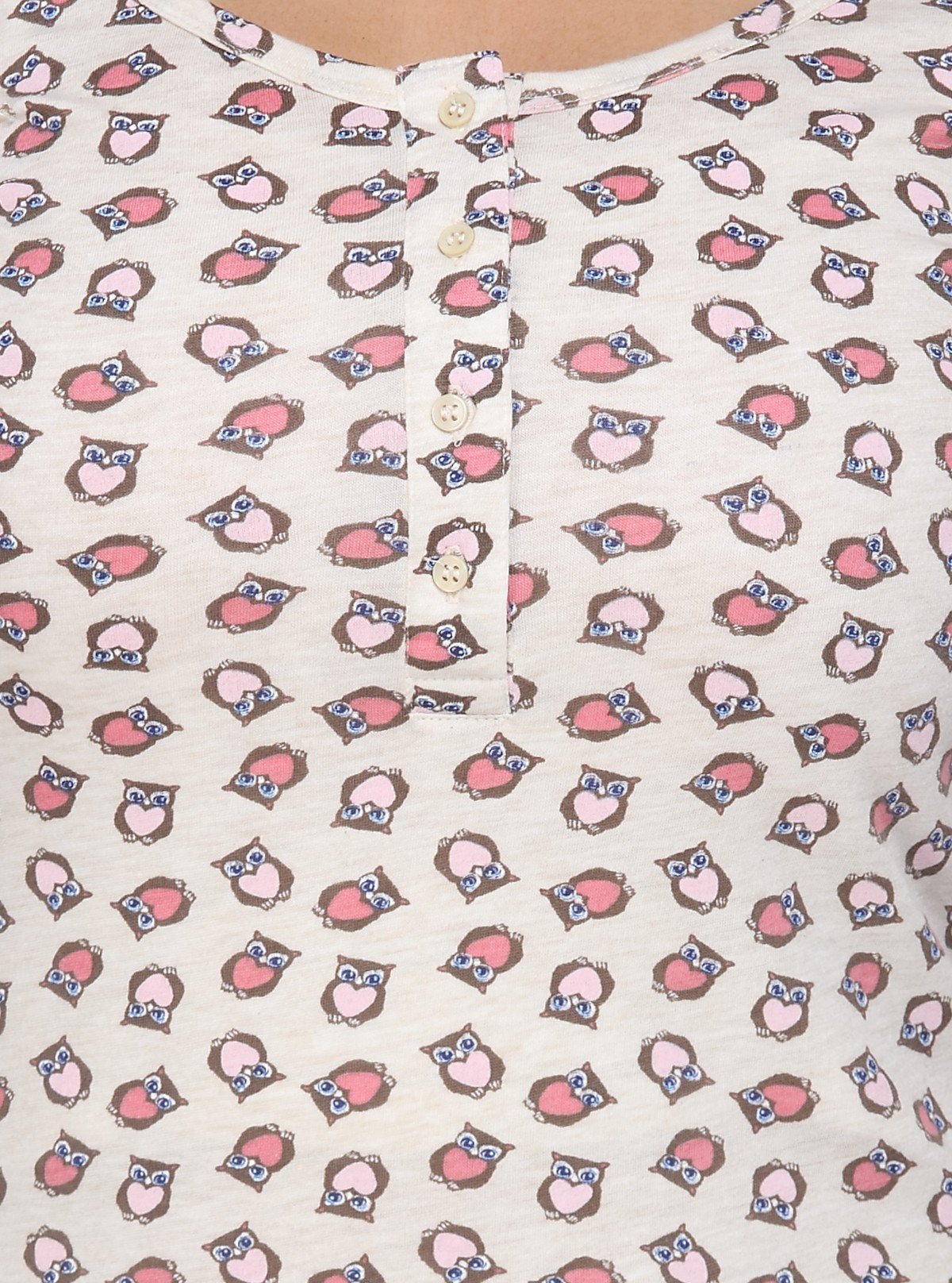 Women's Owl Print Scoop Neck Cotton Jersey Buttoned Long Sleeve Top - Boer and Fitch