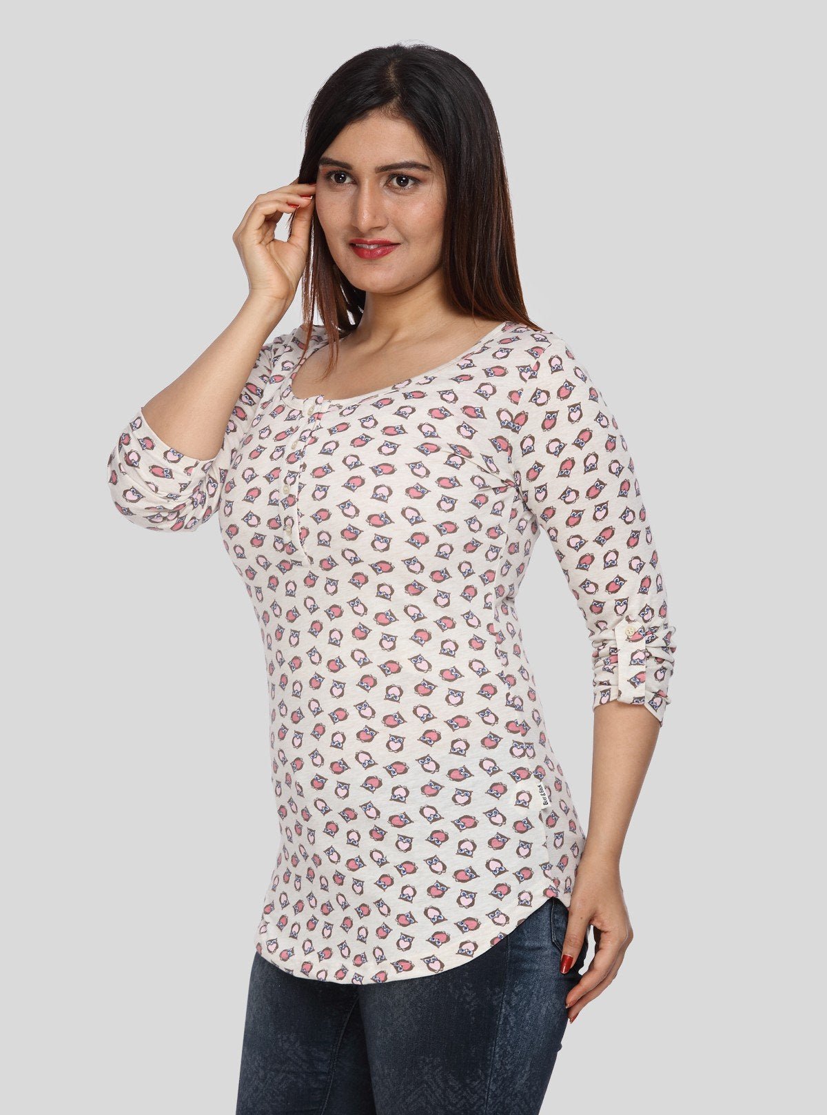 Women's Owl Print Scoop Neck Cotton Jersey Buttoned Long Sleeve Top - Boer and Fitch