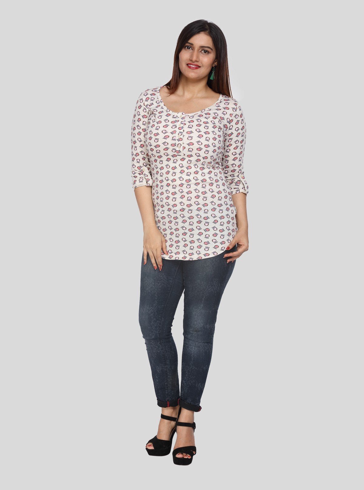 Women's Owl Print Scoop Neck Cotton Jersey Buttoned Long Sleeve Top - Boer and Fitch