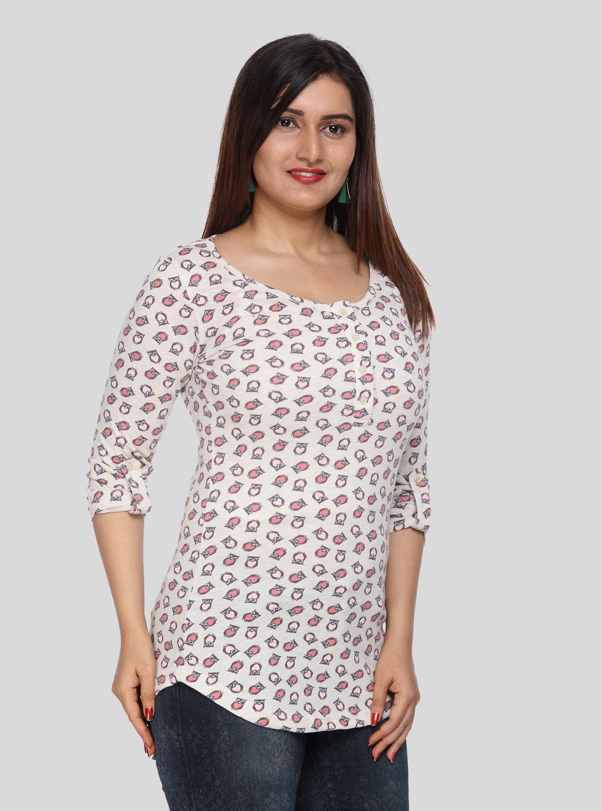 Women's Owl Print Scoop Neck Cotton Jersey Buttoned Long Sleeve Top - Boer and Fitch