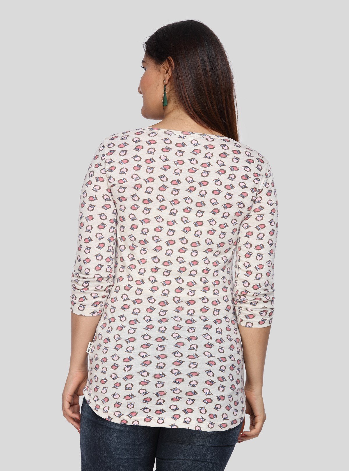 Women's Owl Print Scoop Neck Cotton Jersey Buttoned Long Sleeve Top - Boer and Fitch