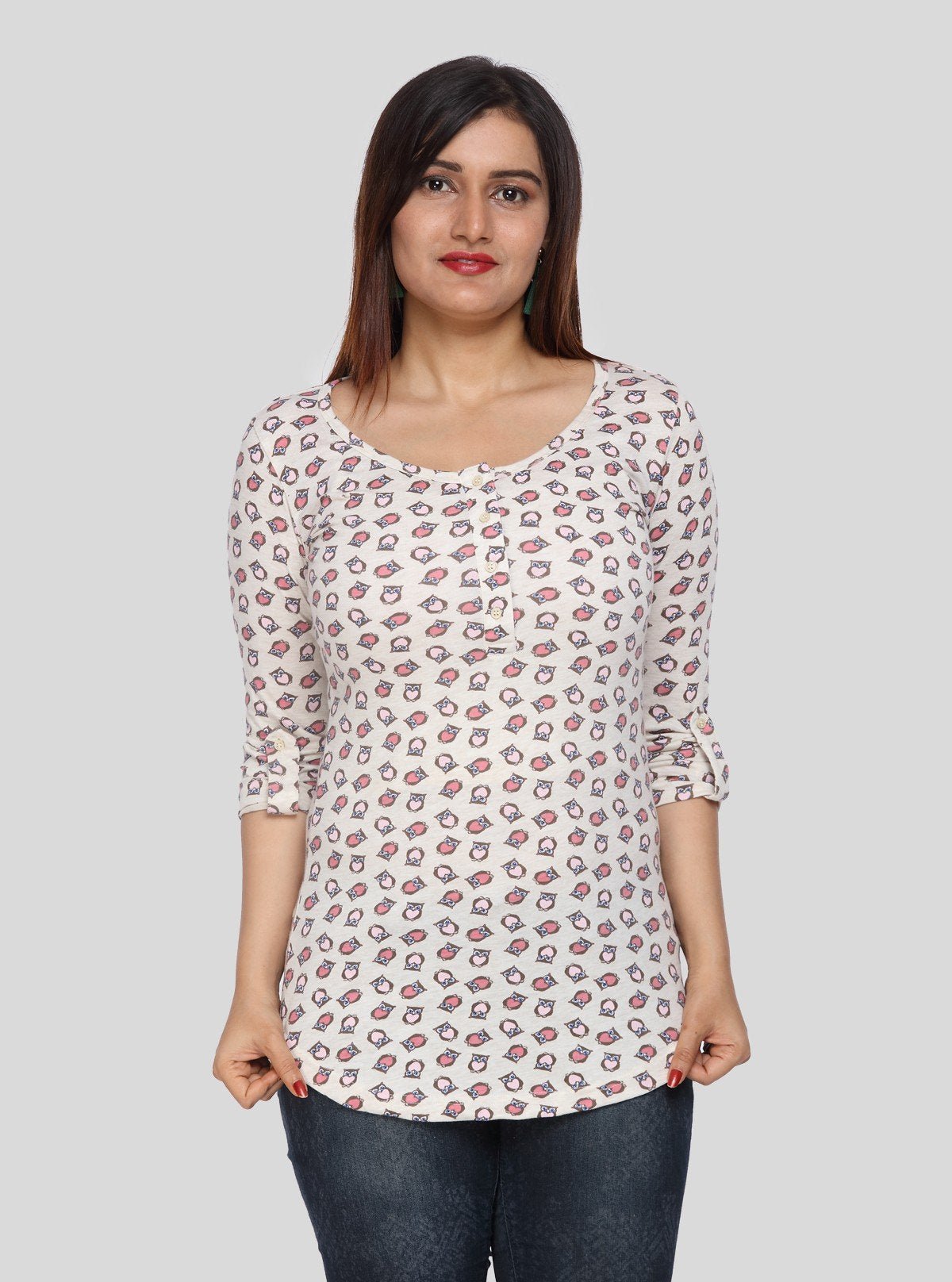 Women's Owl Print Scoop Neck Cotton Jersey Buttoned Long Sleeve Top - Boer and Fitch