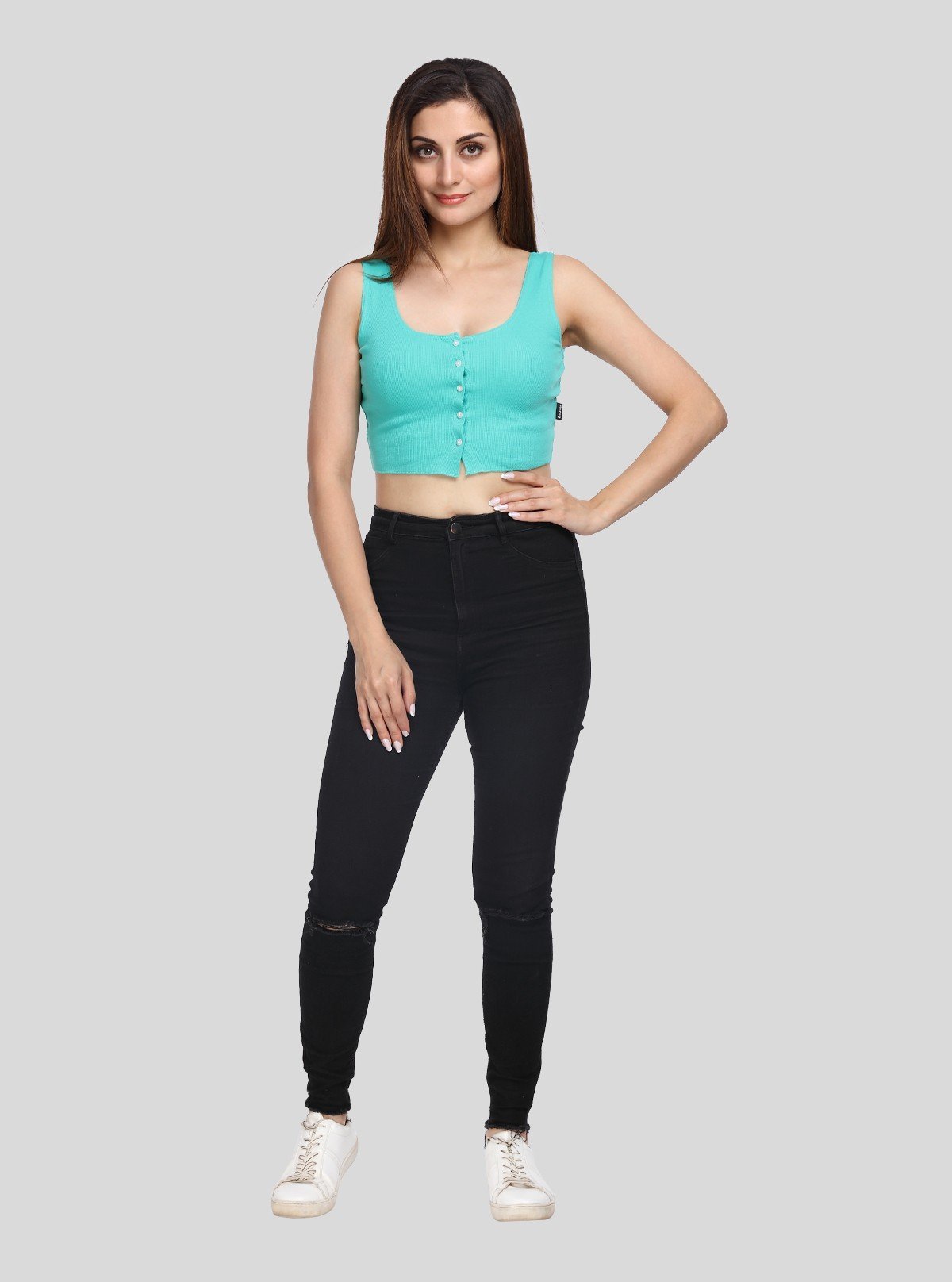Women's Parrot Green Button Front Cotton Durby Knit Crop Top - Boer and Fitch