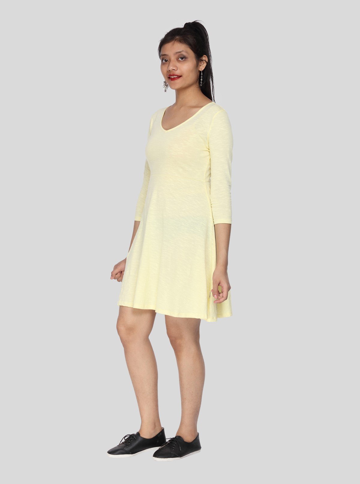 Women's Pastel Yellow Solid Cotton Dress in Feather Touch Fabric - Boer and Fitch