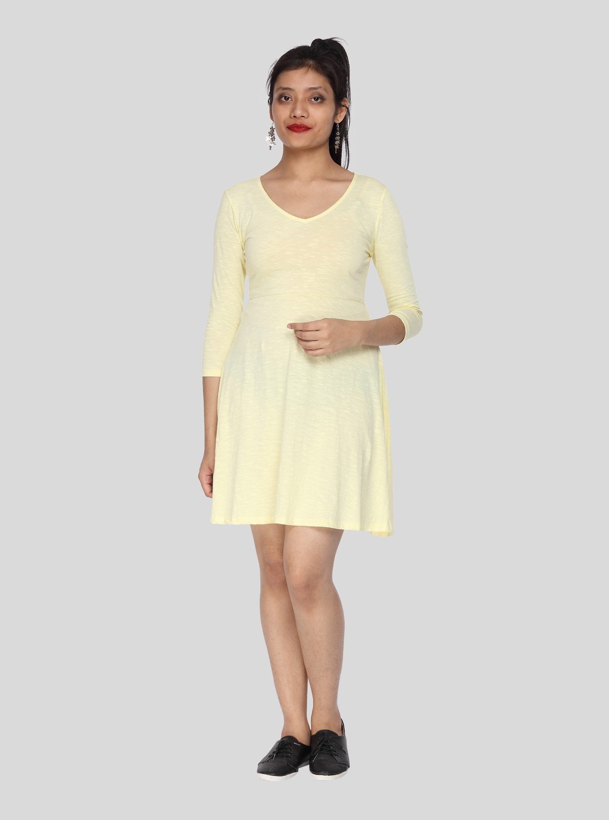 Women's Pastel Yellow Solid Cotton Dress in Feather Touch Fabric - Boer and Fitch