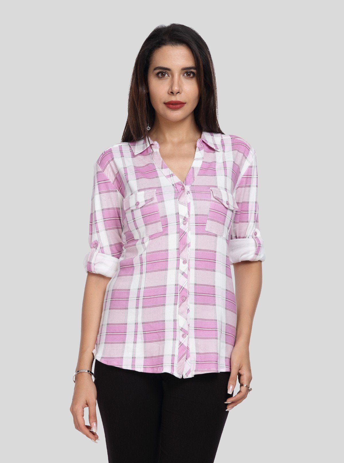 Women's Pink Checkered Cotton Long Sleeve Shirt – Boer and Fitch - Boer and Fitch