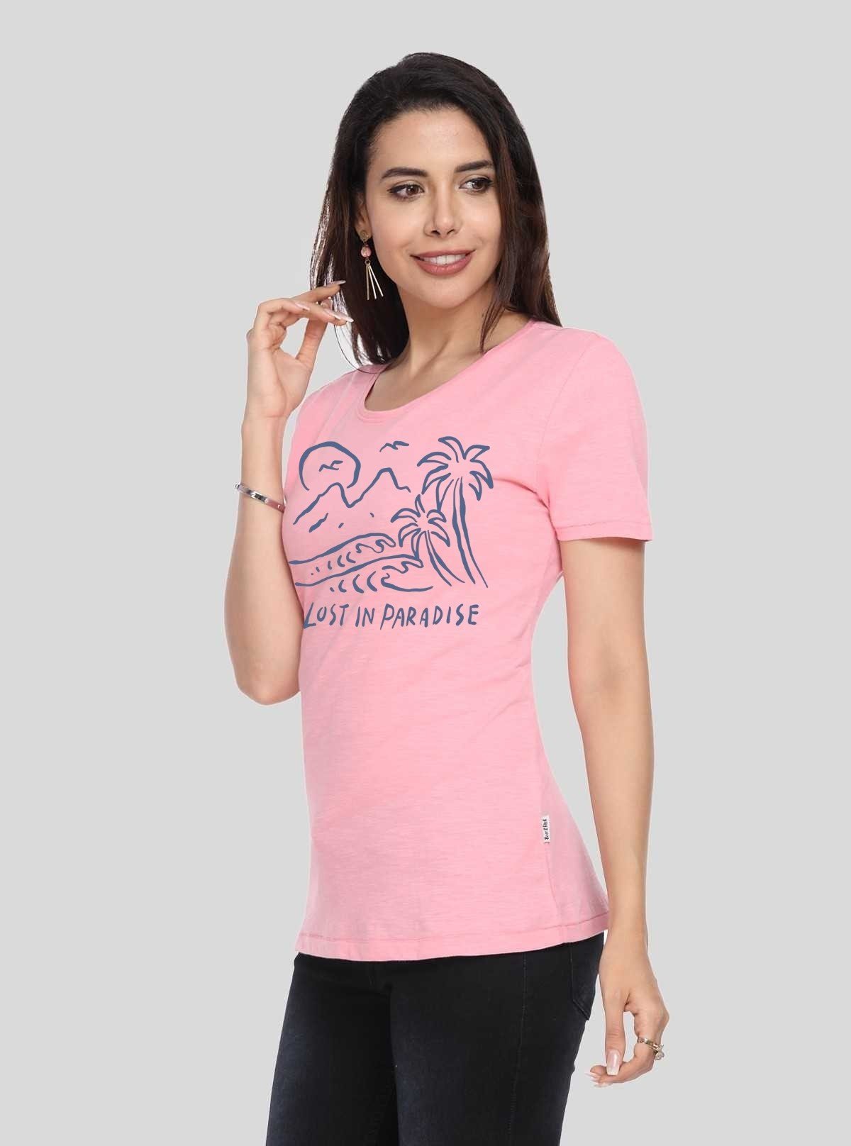 Women's Pink Crew Neck Paradise Print Cotton Jersey Short Sleeve T-Shirt by Boer and Fitch - Boer and Fitch
