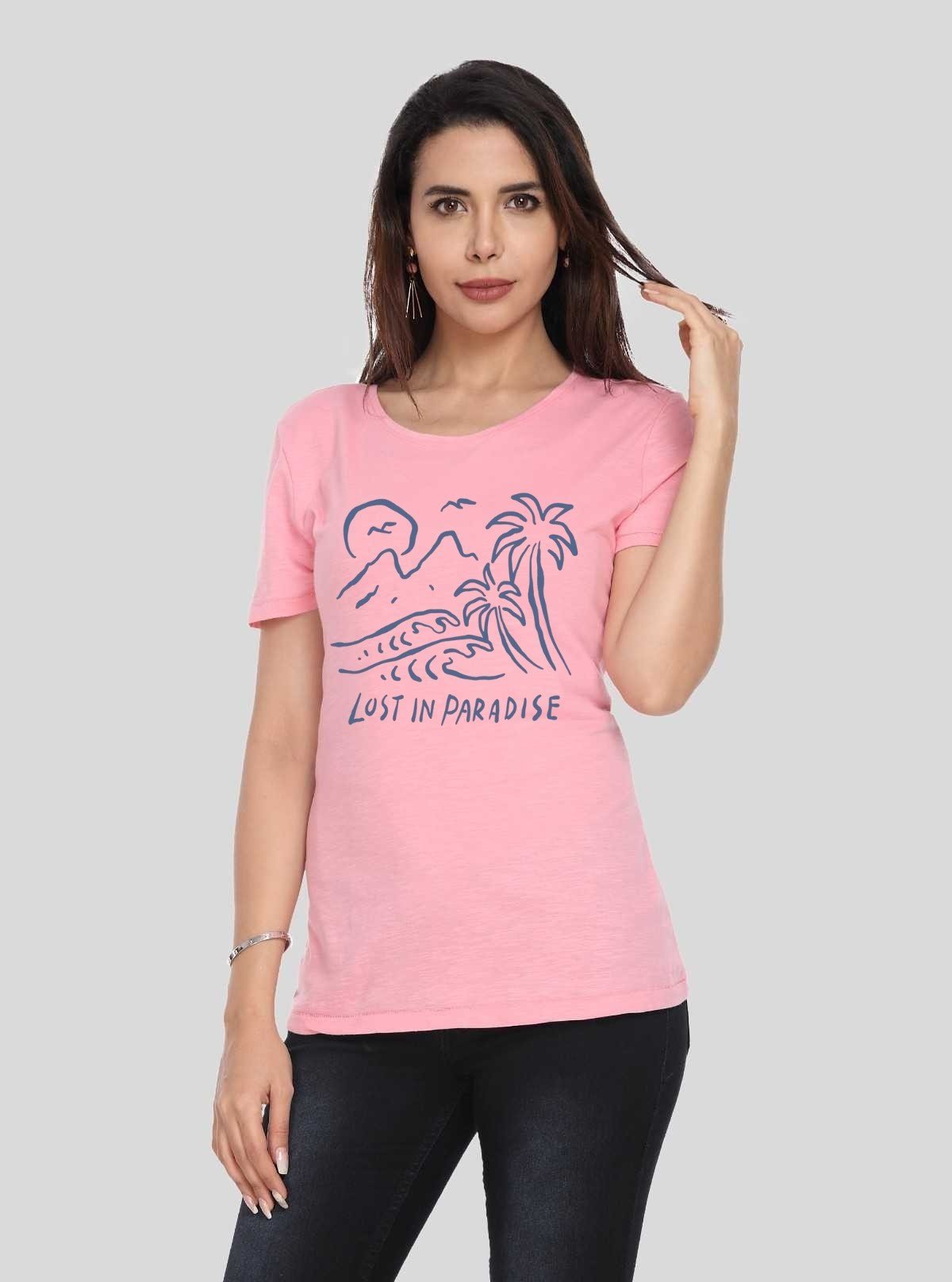 Women's Pink Crew Neck Paradise Print Cotton Jersey Short Sleeve T-Shirt by Boer and Fitch - Boer and Fitch
