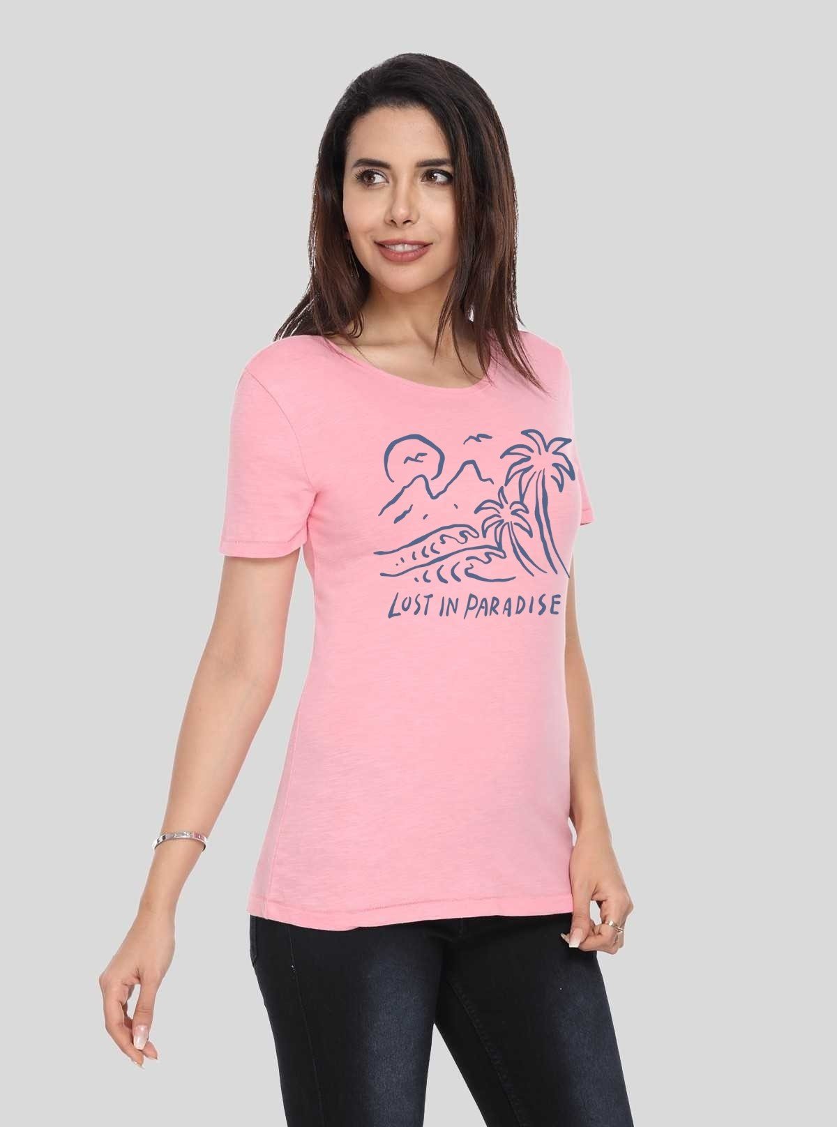 Women's Pink Crew Neck Paradise Print Cotton Jersey Short Sleeve T-Shirt by Boer and Fitch - Boer and Fitch