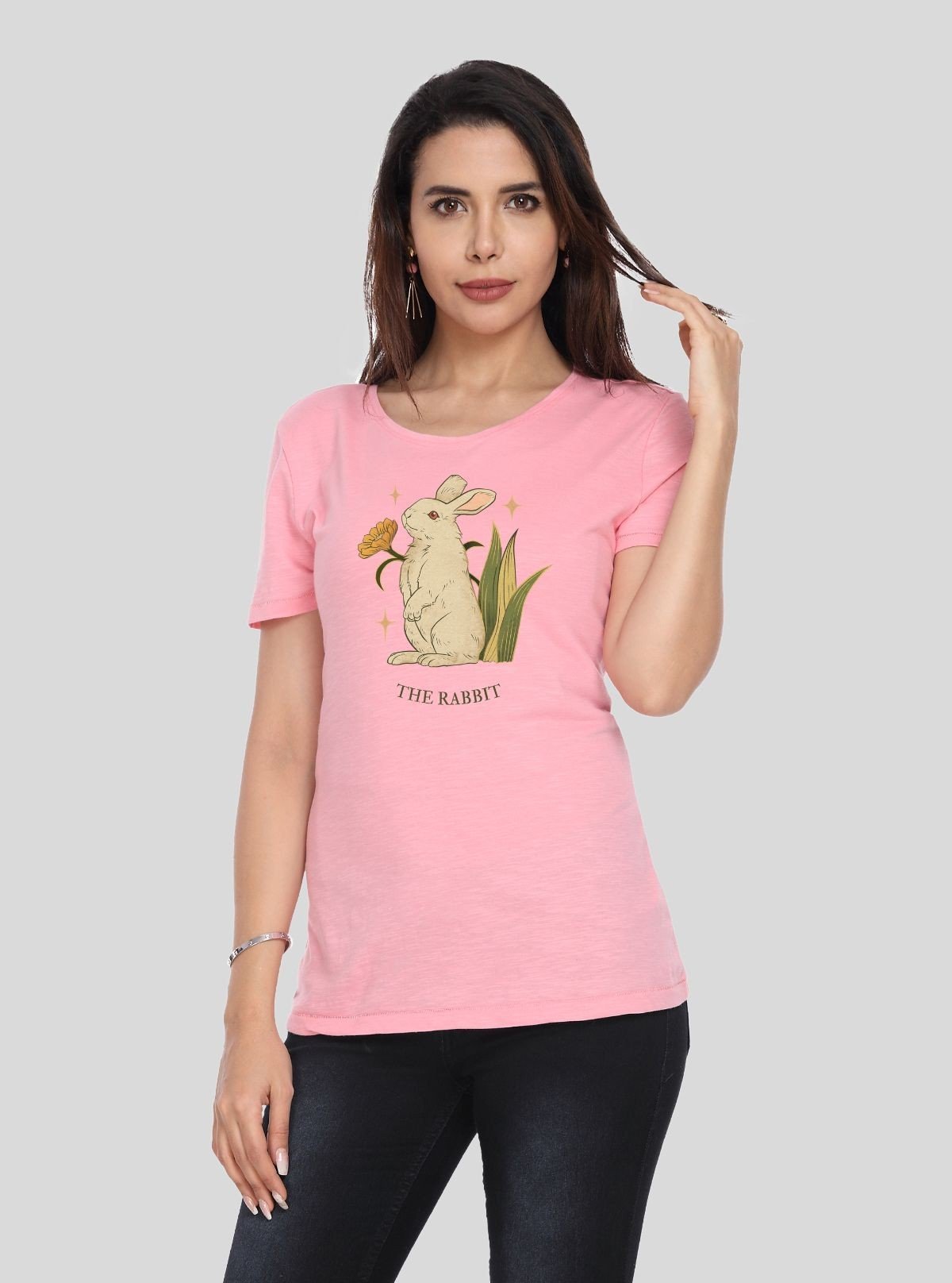 Women's Pink Crew Neck Rabbit Print Cotton Jersey Short Sleeve T-Shirt by Boer and Fitch - Boer and Fitch