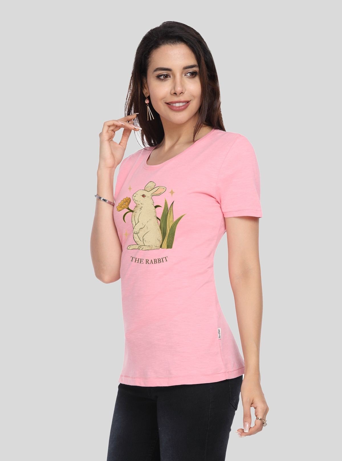 Women's Pink Crew Neck Rabbit Print Cotton Jersey Short Sleeve T-Shirt by Boer and Fitch - Boer and Fitch