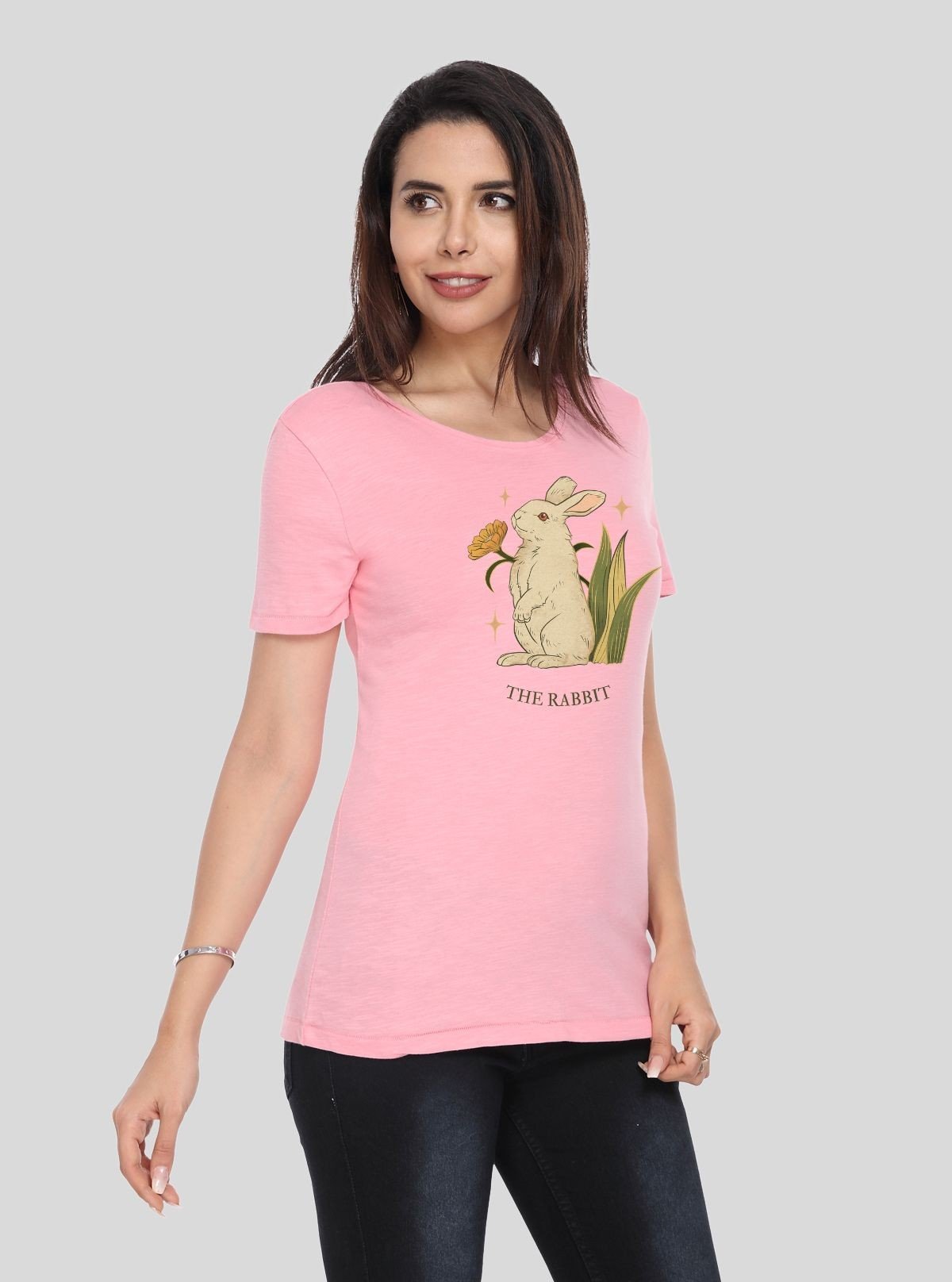 Women's Pink Crew Neck Rabbit Print Cotton Jersey Short Sleeve T-Shirt by Boer and Fitch - Boer and Fitch
