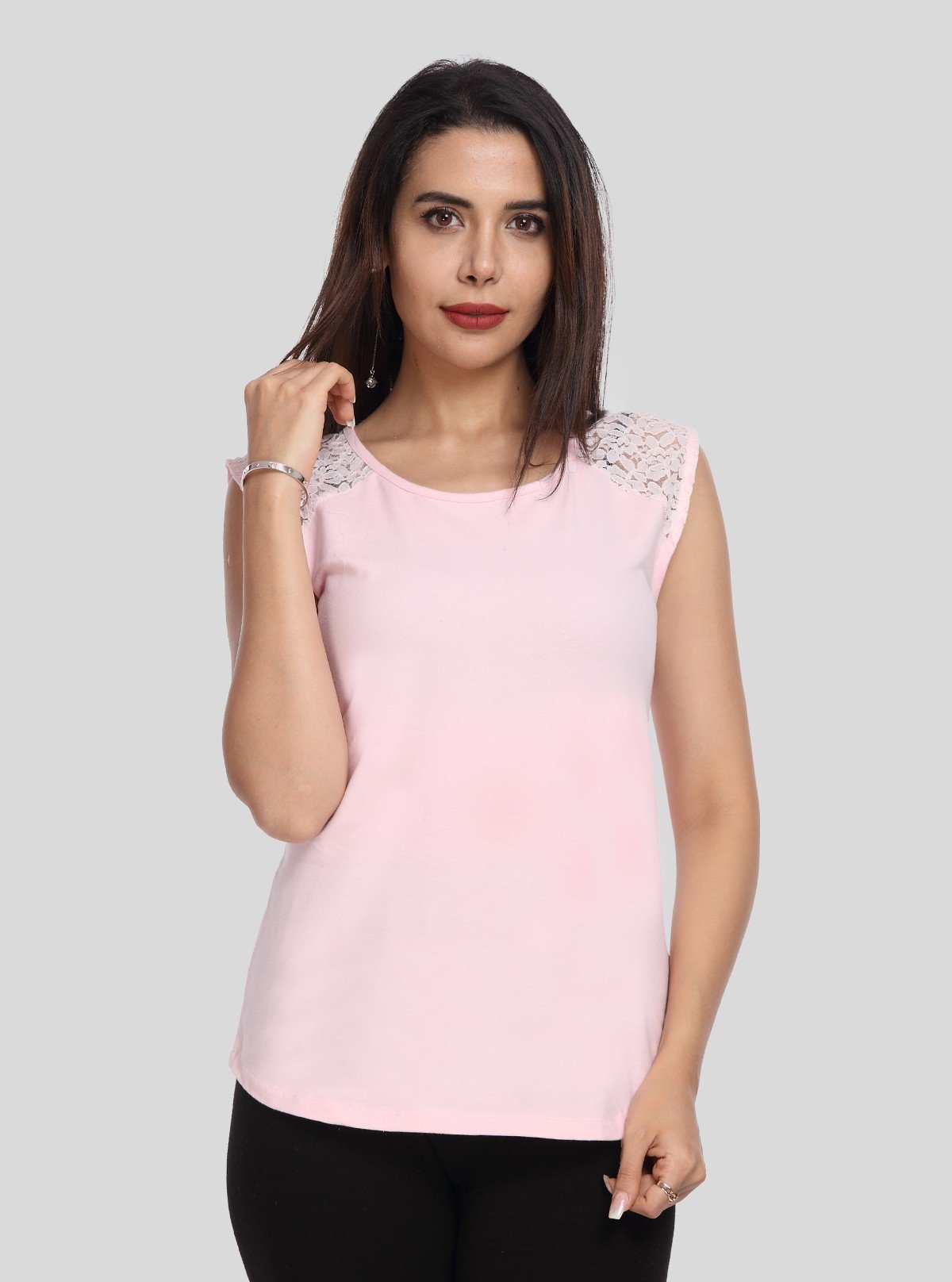 Women's Pink Elegant Lace Short Sleeve Top in Cotton Elastane Jersey | Boer & Fitch - Boer and Fitch