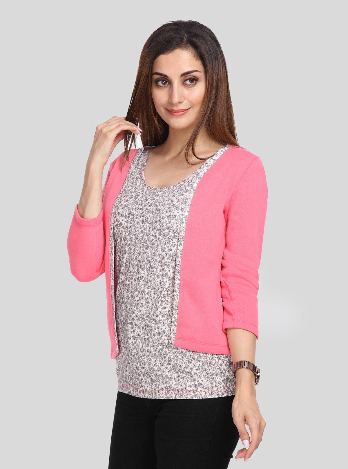 Women's Pink Fleece Shrug with Printed Inner – 100% Cotton Cozy Layer - Boer and Fitch