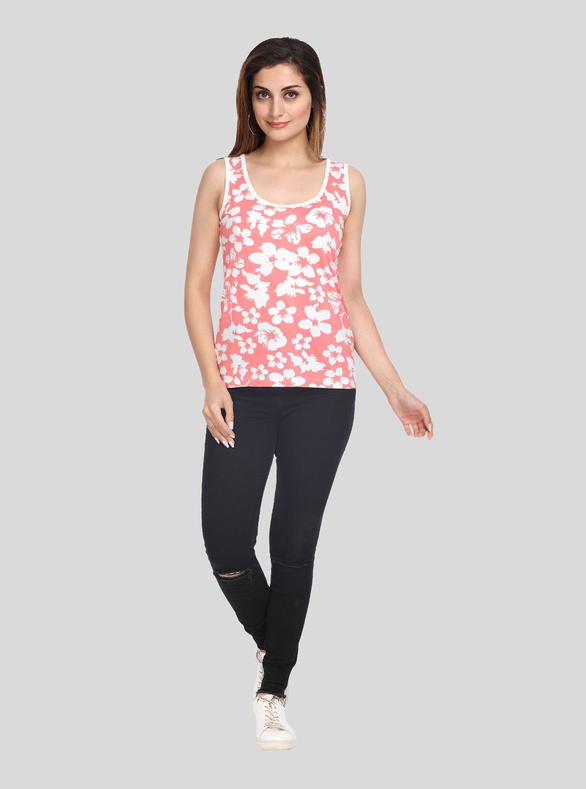 Women's Pink Floral Sleeveless Cotton Elastane Jersey Top by Boer & Fitch - Boer and Fitch