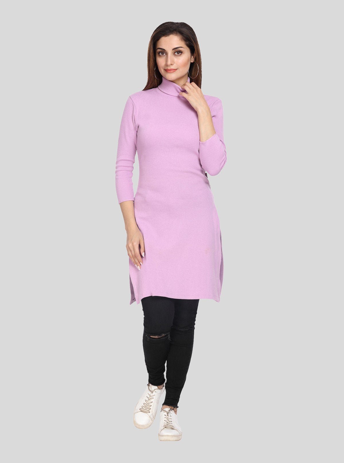 Women's Pink High Neck Ribbed Long Sleeve Cotton Stretch Dress - Boer and Fitch