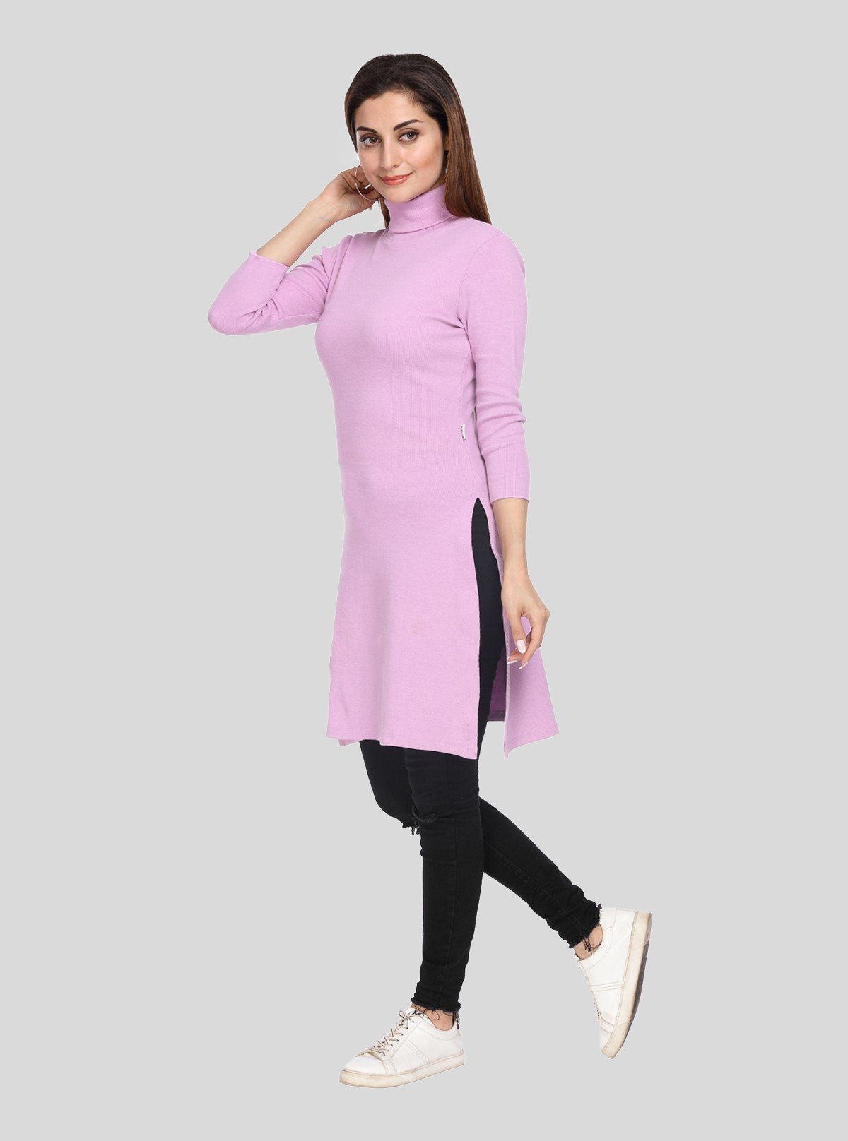 Women's Pink High Neck Ribbed Long Sleeve Cotton Stretch Dress - Boer and Fitch