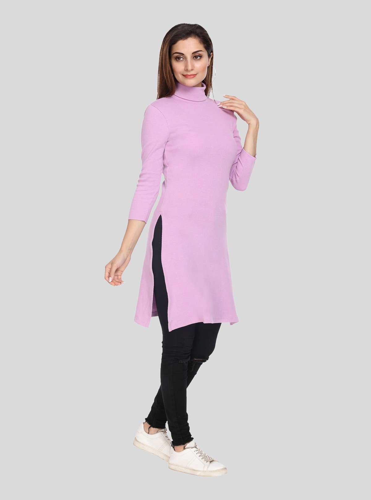 Women's Pink High Neck Ribbed Long Sleeve Cotton Stretch Dress - Boer and Fitch