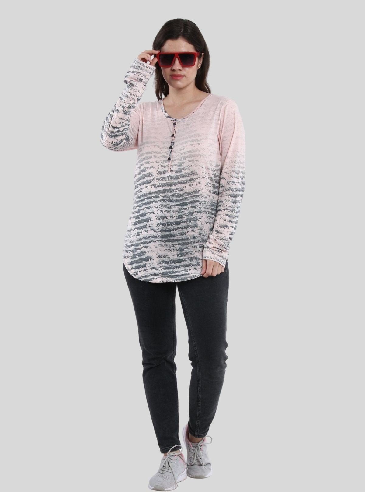 Women's Pink Printed Button - Front Long Sleeve Cotton Blend Knit Top - Boer and Fitch