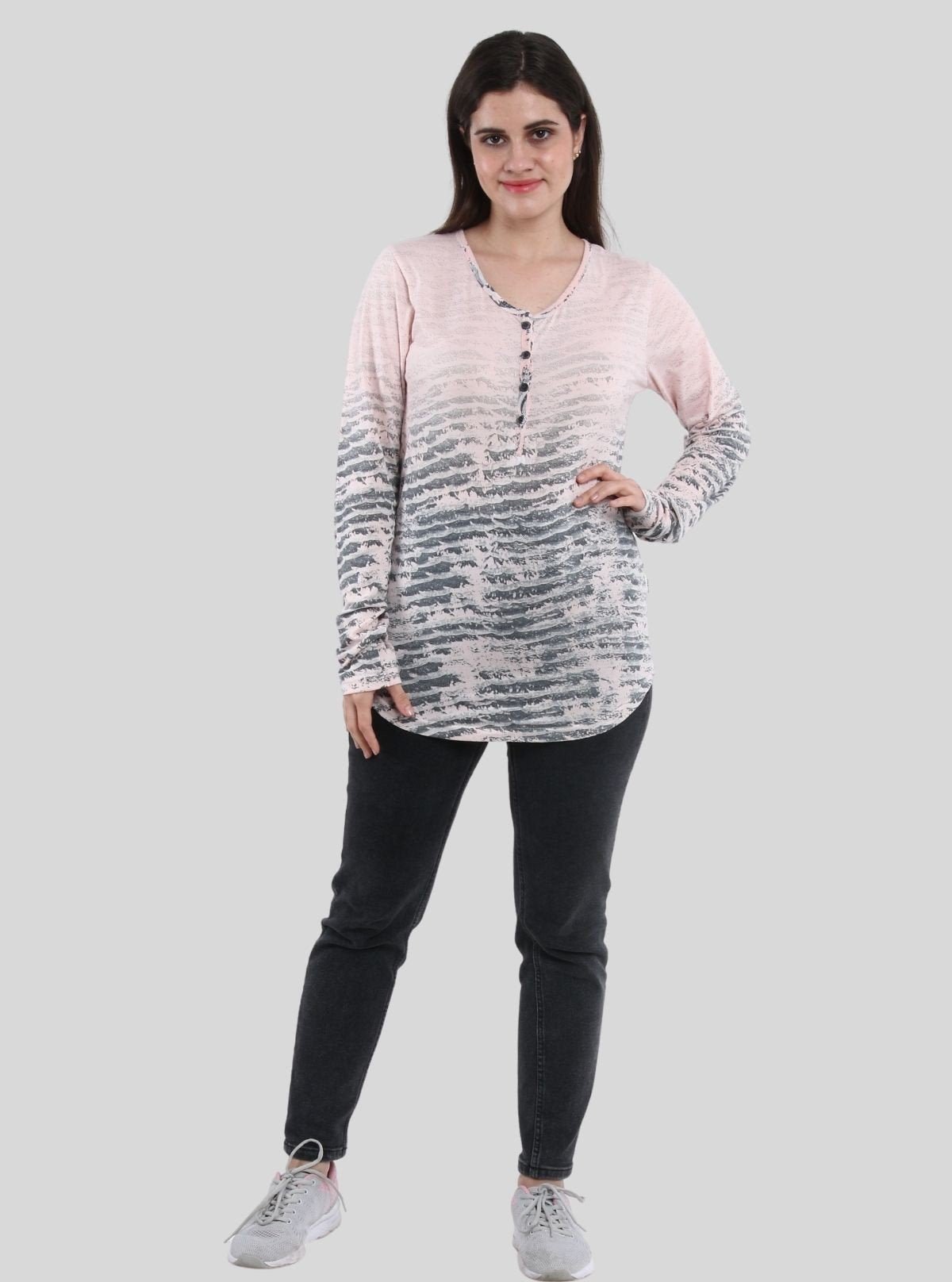 Women's Pink Printed Button - Front Long Sleeve Cotton Blend Knit Top - Boer and Fitch