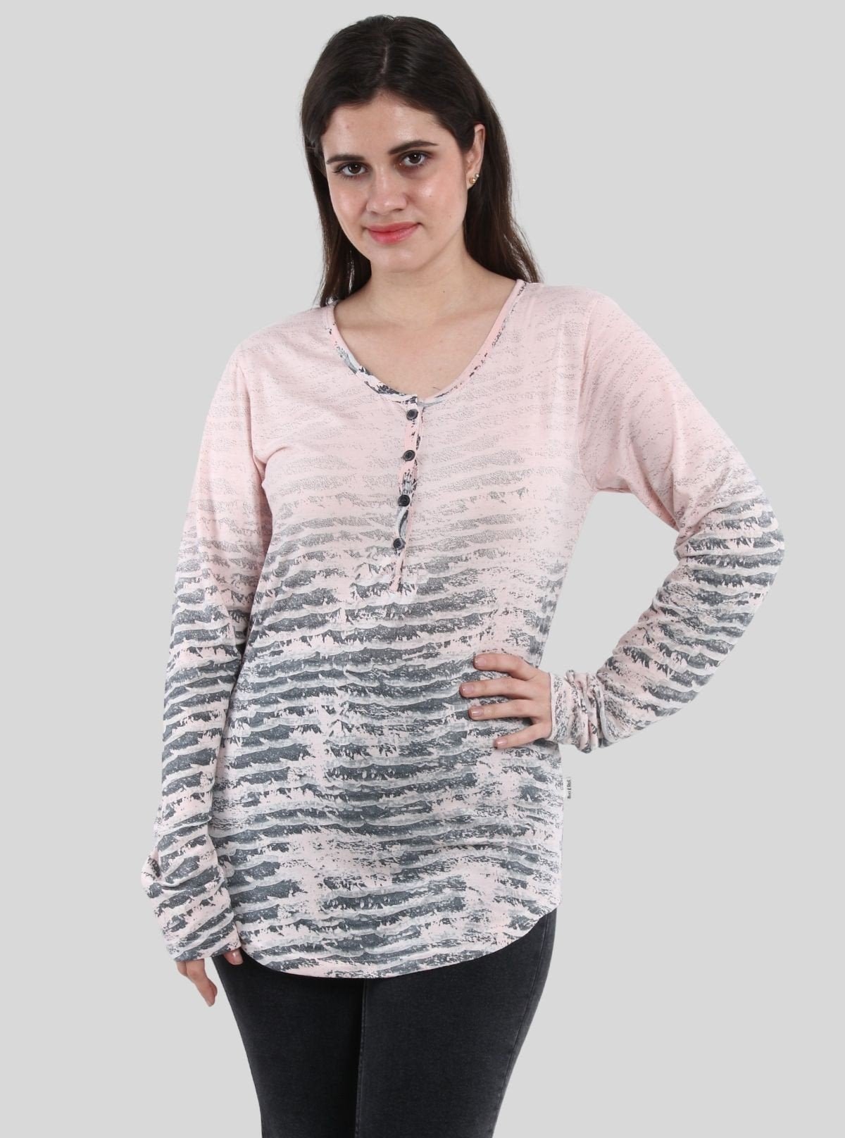 Women's Pink Printed Button - Front Long Sleeve Cotton Blend Knit Top - Boer and Fitch