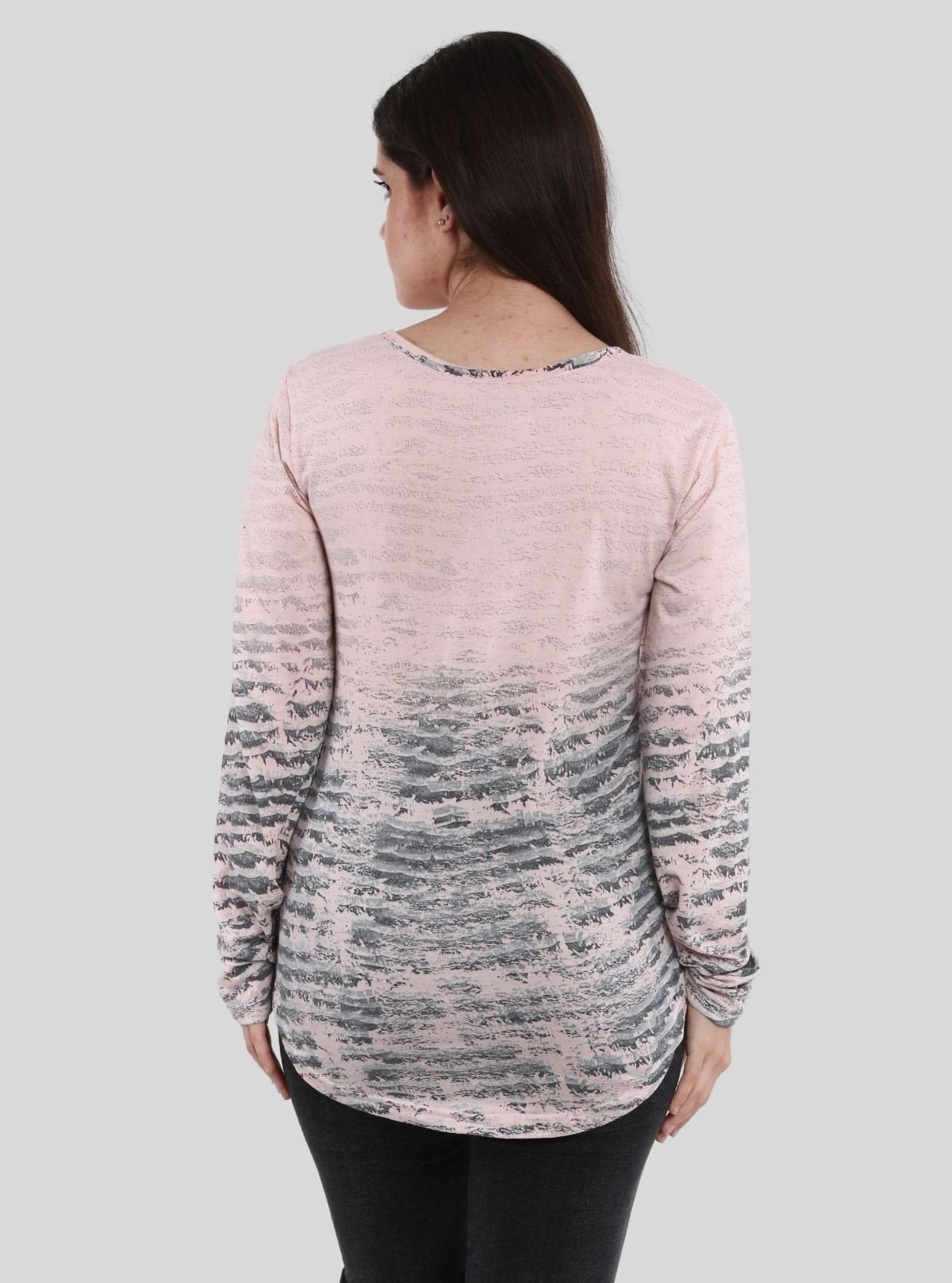 Women's Pink Printed Button - Front Long Sleeve Cotton Blend Knit Top - Boer and Fitch
