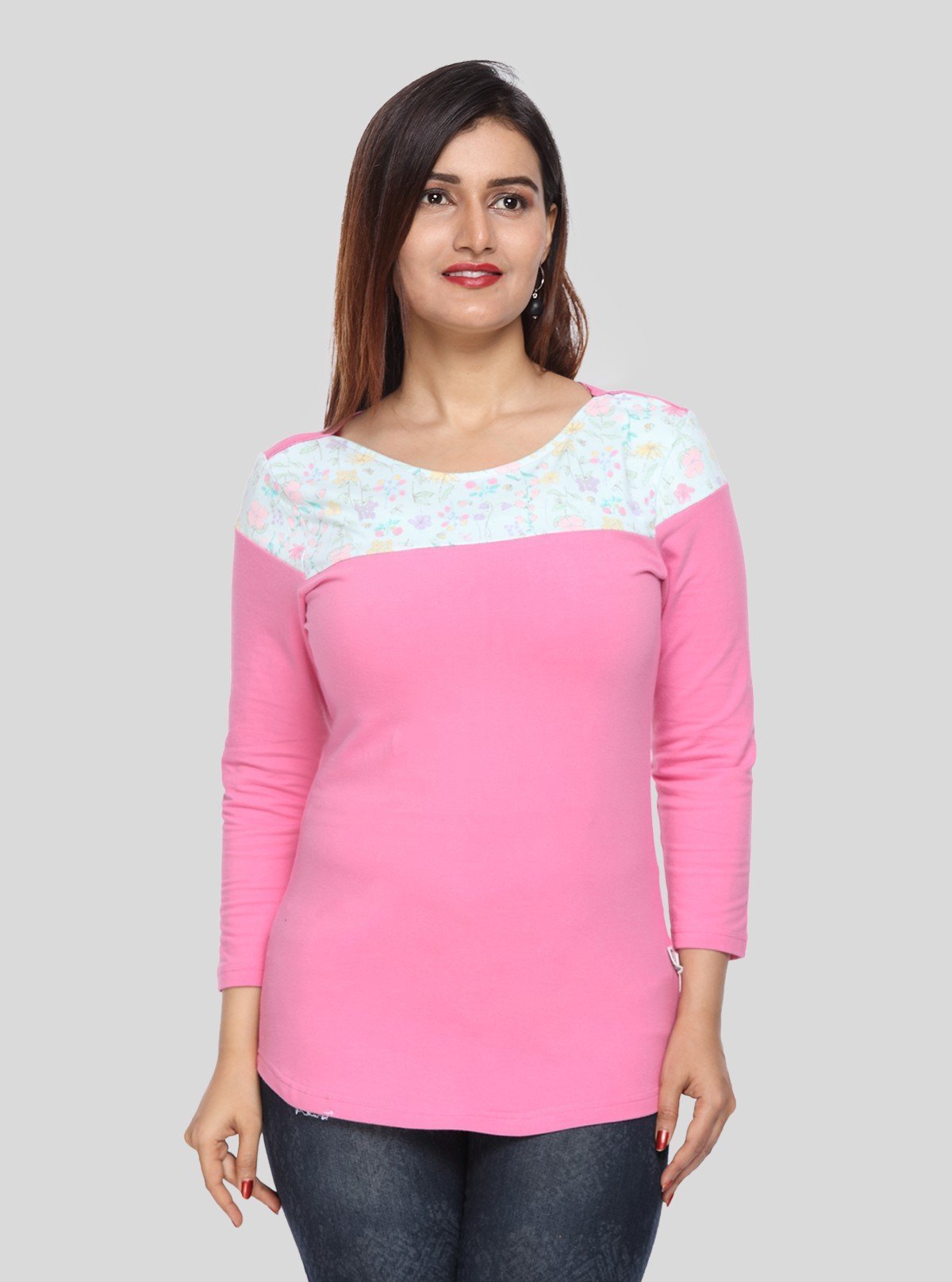 Women's Pink Scoop Neck Creepy Floral Panel Top – Cotton Jersey Knit - Boer and Fitch