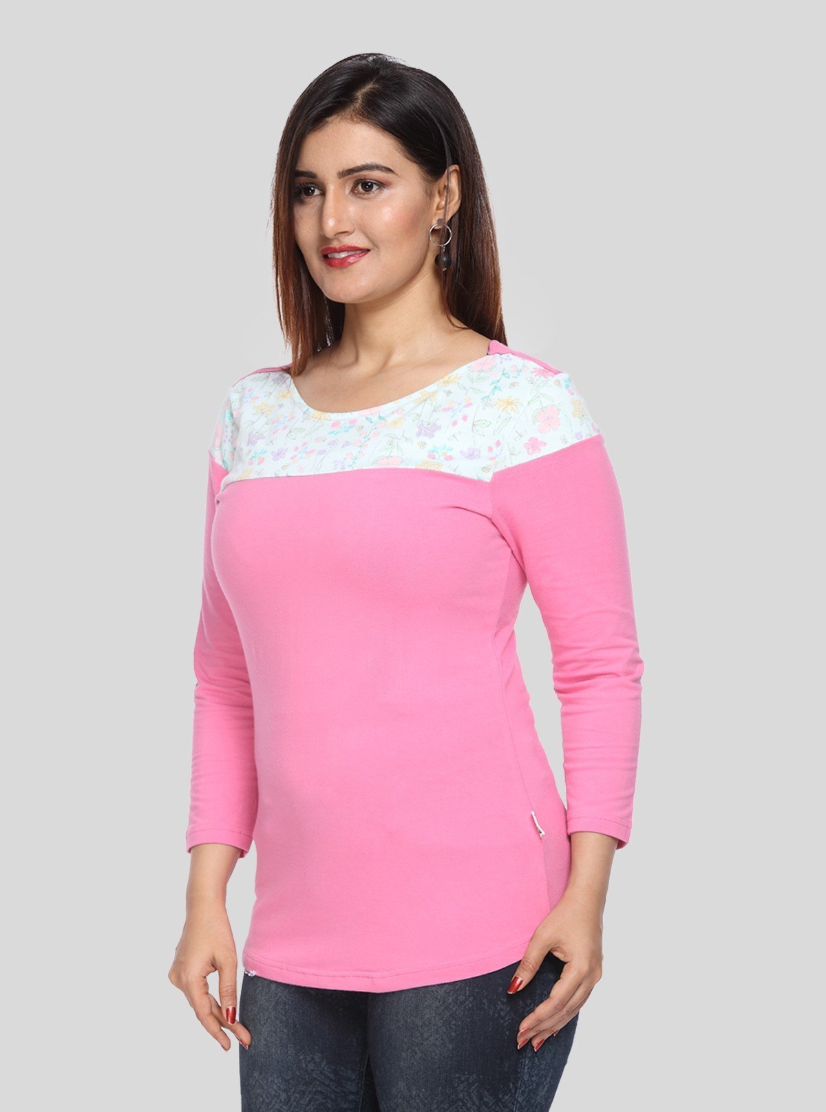 Women's Pink Scoop Neck Creepy Floral Panel Top – Cotton Jersey Knit - Boer and Fitch