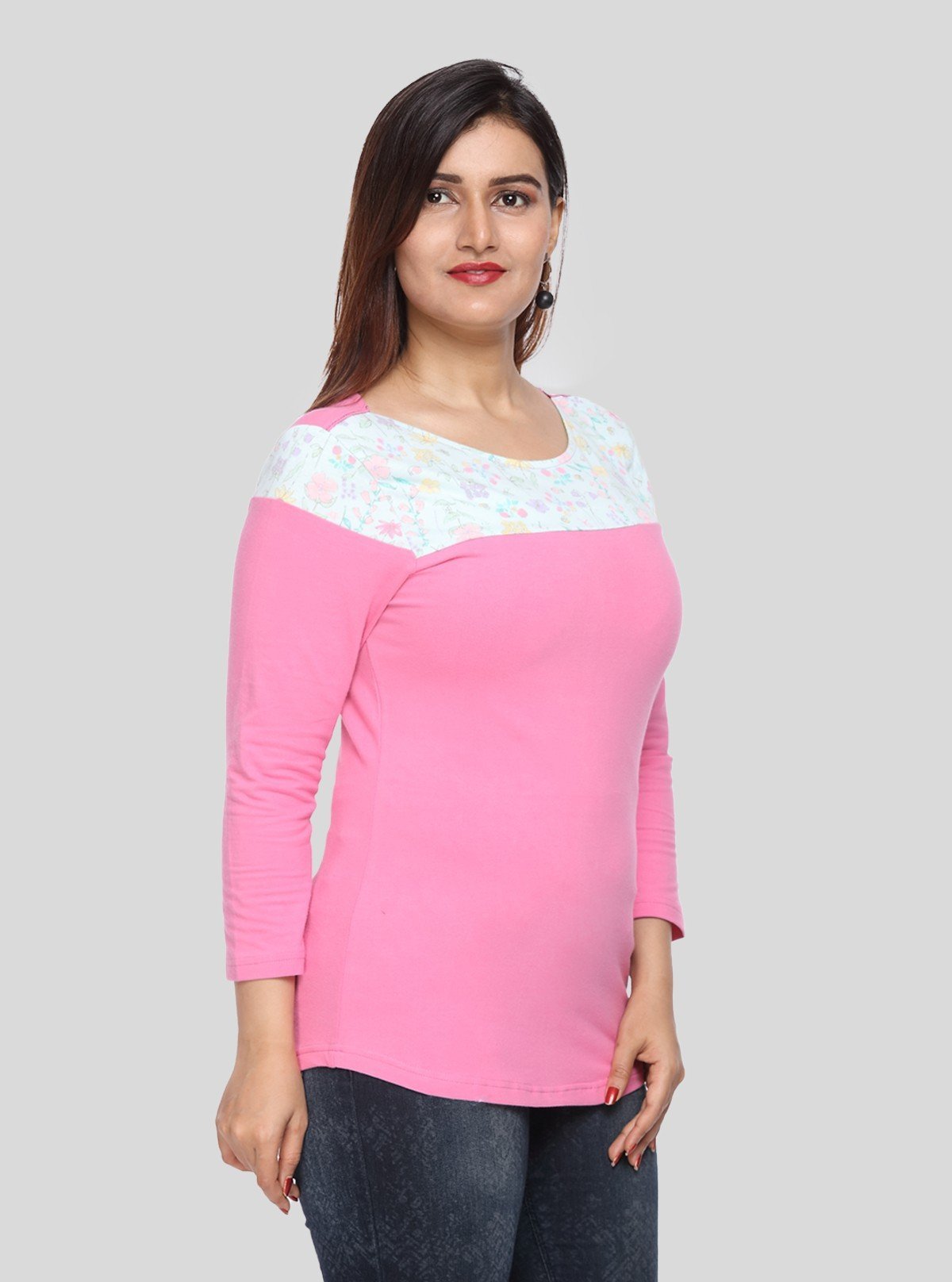Women's Pink Scoop Neck Creepy Floral Panel Top – Cotton Jersey Knit - Boer and Fitch