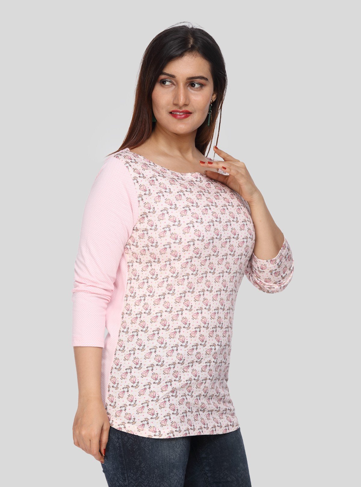 Women's Pink Scoop Neck Doll Print Top with Contrast Long Sleeves - Boer and Fitch