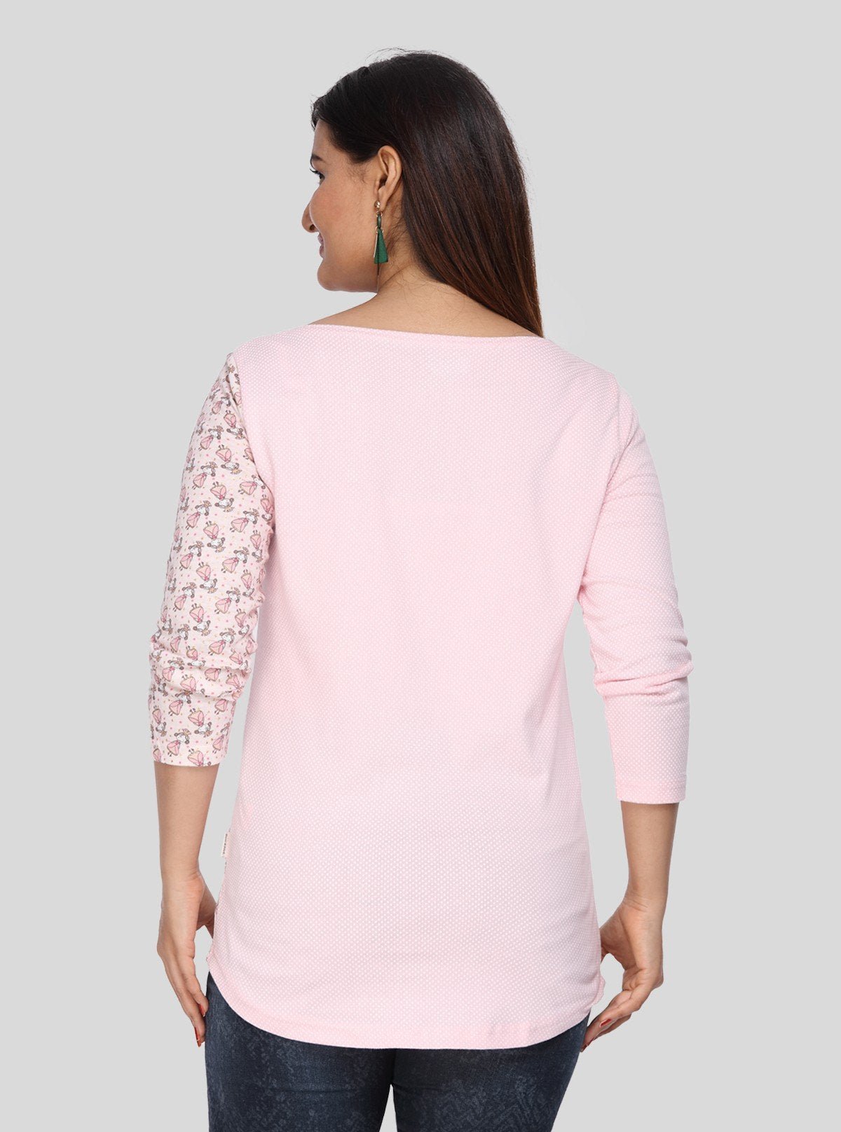 Women's Pink Scoop Neck Doll Print Top with Contrast Long Sleeves - Boer and Fitch