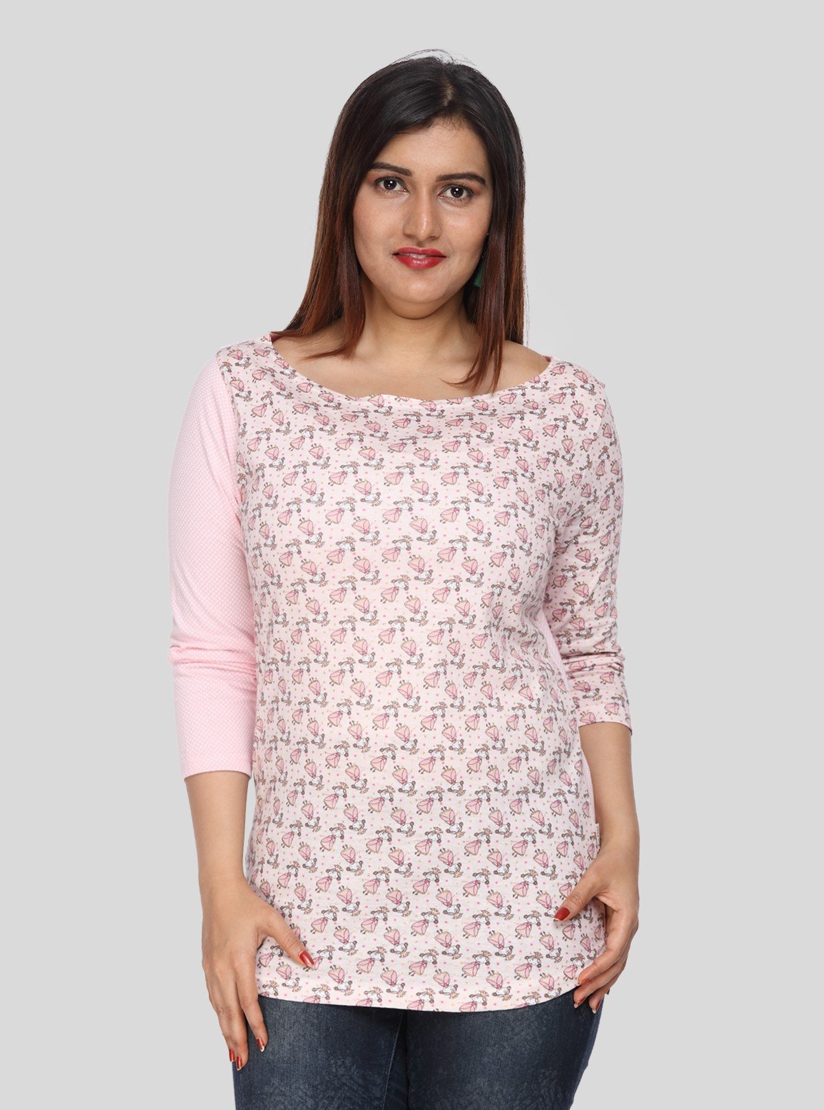 Women's Pink Scoop Neck Doll Print Top with Contrast Long Sleeves - Boer and Fitch