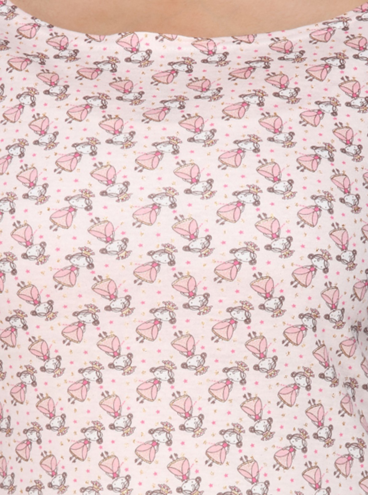 Women's Pink Scoop Neck Doll Print Top with Contrast Long Sleeves - Boer and Fitch