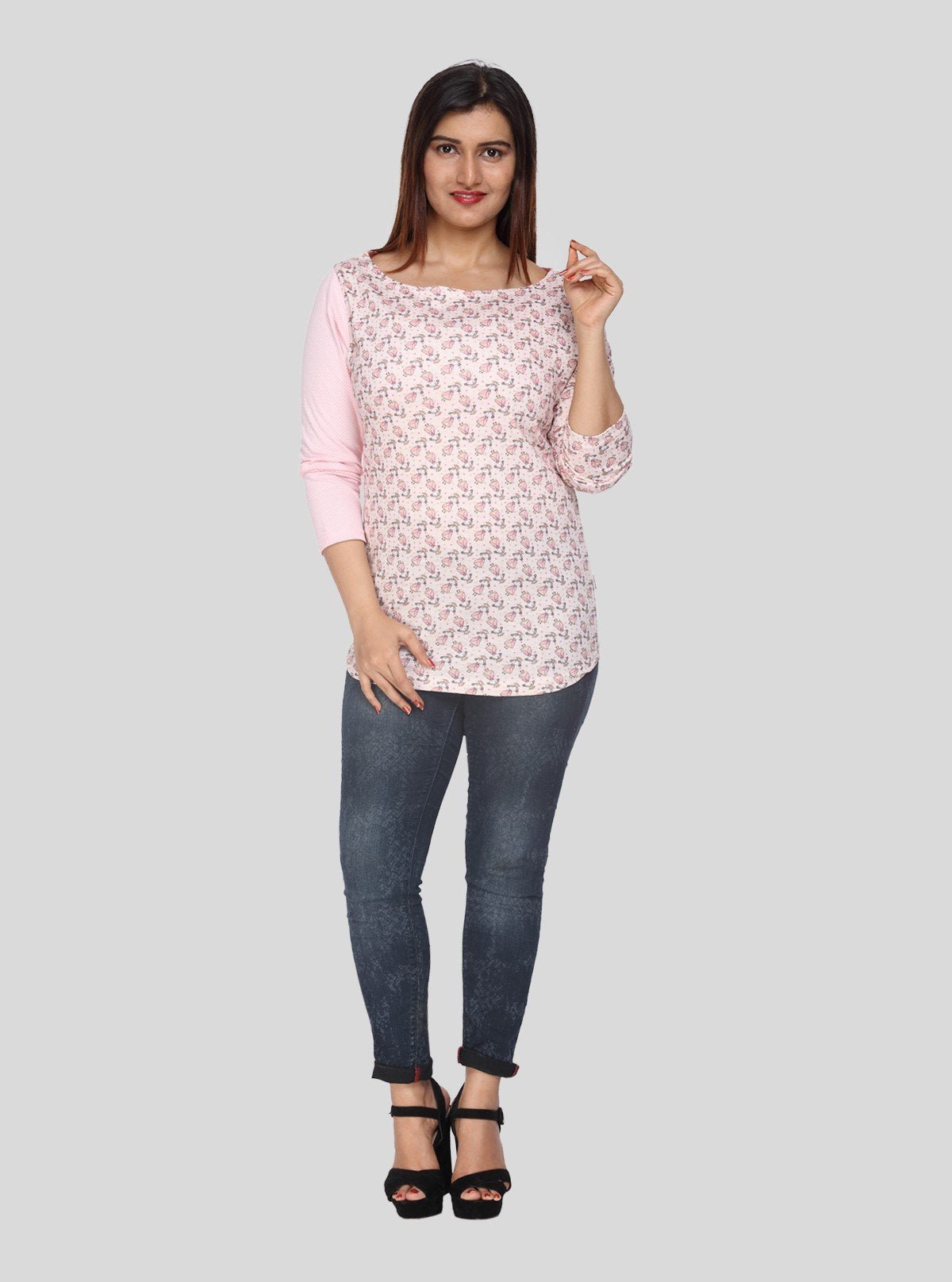Women's Pink Scoop Neck Doll Print Top with Contrast Long Sleeves - Boer and Fitch
