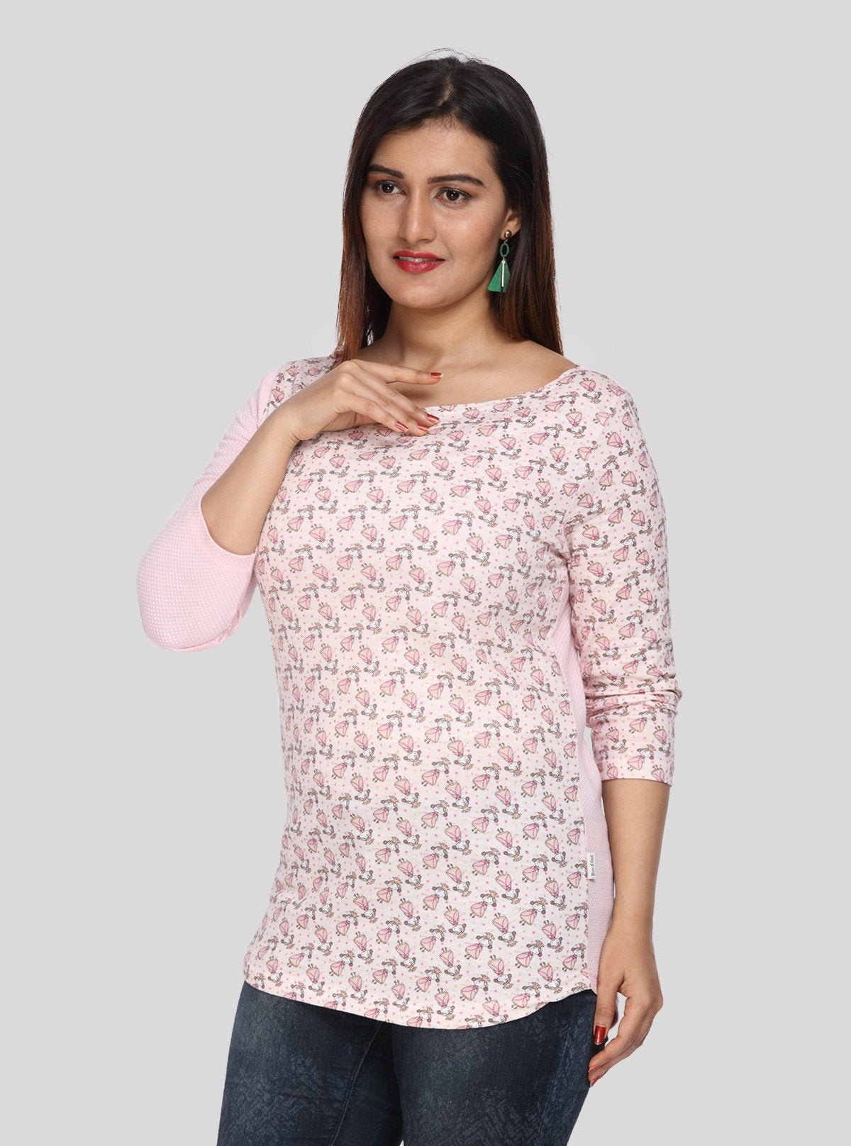 Women's Pink Scoop Neck Doll Print Top with Contrast Long Sleeves - Boer and Fitch