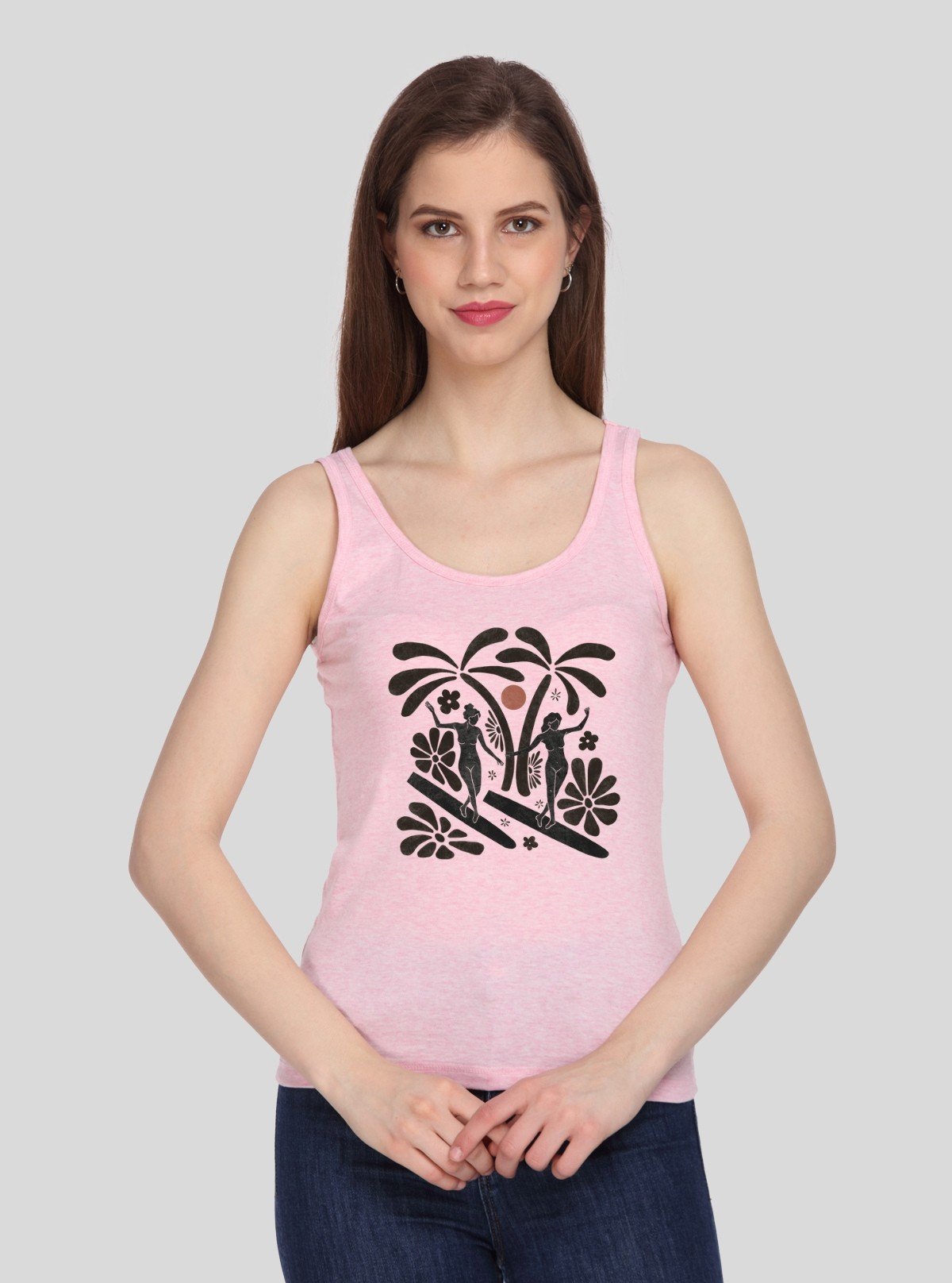 Women’s Pink Sleeveless Top with Surf Girl Print – Cotton Jersey by Boer and Fitch - Boer and Fitch