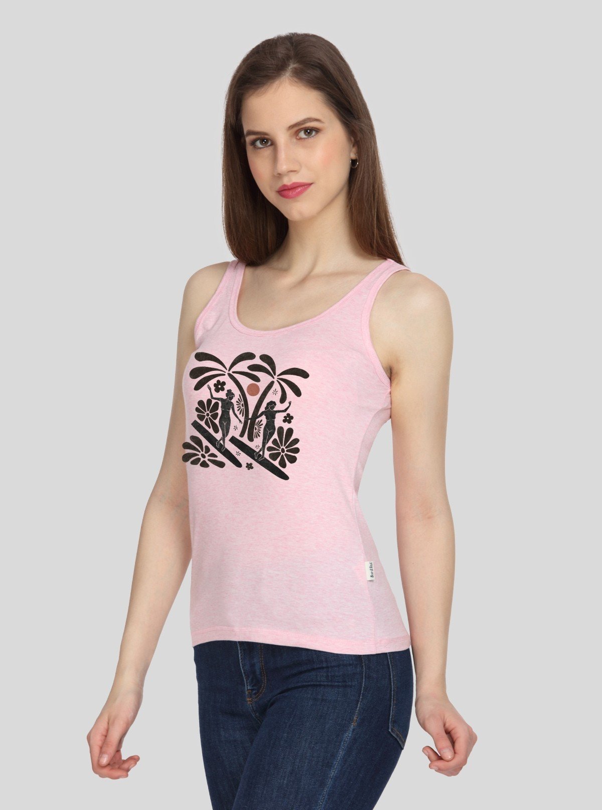 Women’s Pink Sleeveless Top with Surf Girl Print – Cotton Jersey by Boer and Fitch - Boer and Fitch