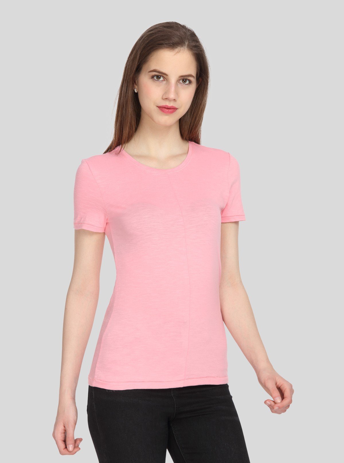 Women's Pink Solid Crew Neck Cotton Slub Jersey Short Sleeve T-Shirt by Boer and Fitch - Boer and Fitch