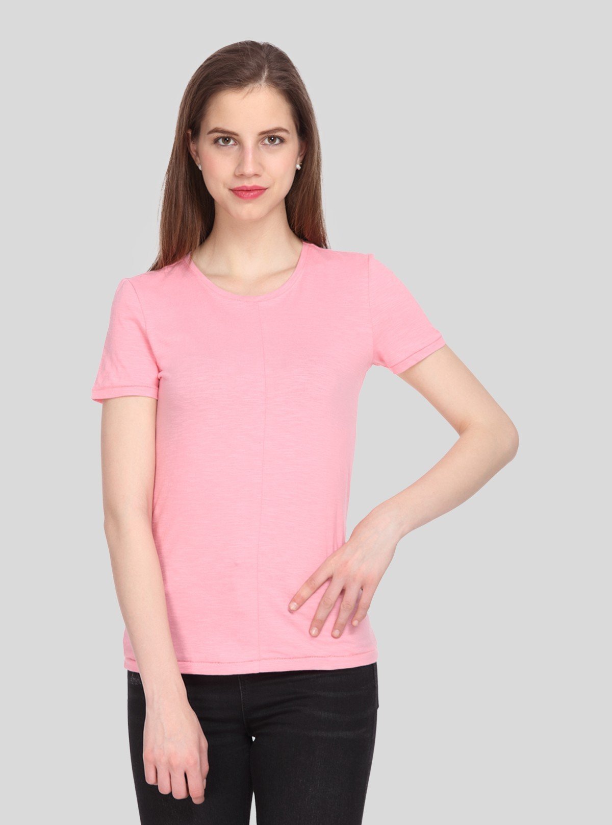 Women's Pink Solid Crew Neck Cotton Slub Jersey Short Sleeve T-Shirt by Boer and Fitch - Boer and Fitch