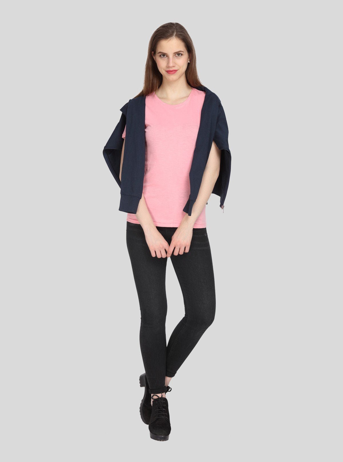 Women's Pink Solid Crew Neck Cotton Slub Jersey Short Sleeve T-Shirt by Boer and Fitch - Boer and Fitch