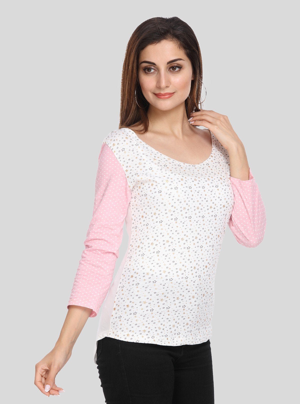 Women's Pink Star Print Scoop Neck Top with Contrast Sleeves – Cotton Jersey - Boer and Fitch
