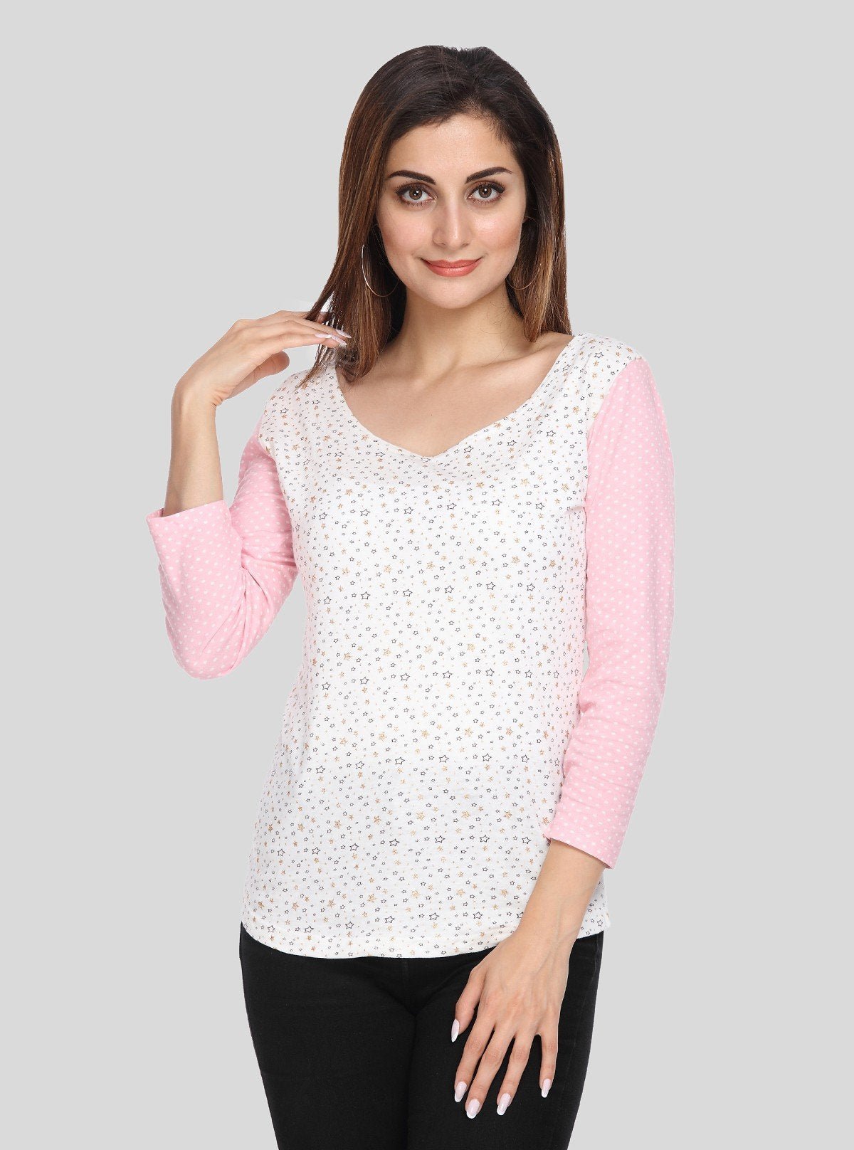 Women's Pink Star Print Scoop Neck Top with Contrast Sleeves – Cotton Jersey - Boer and Fitch