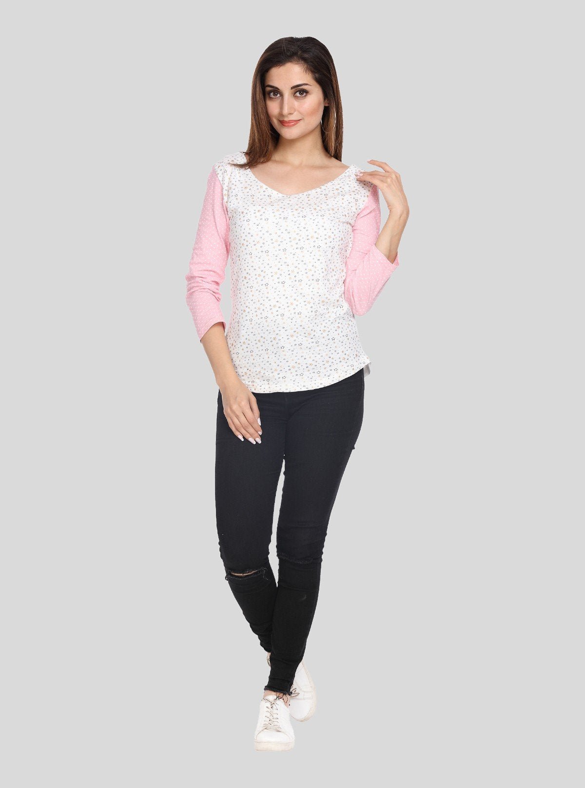 Women's Pink Star Print Scoop Neck Top with Contrast Sleeves – Cotton Jersey - Boer and Fitch