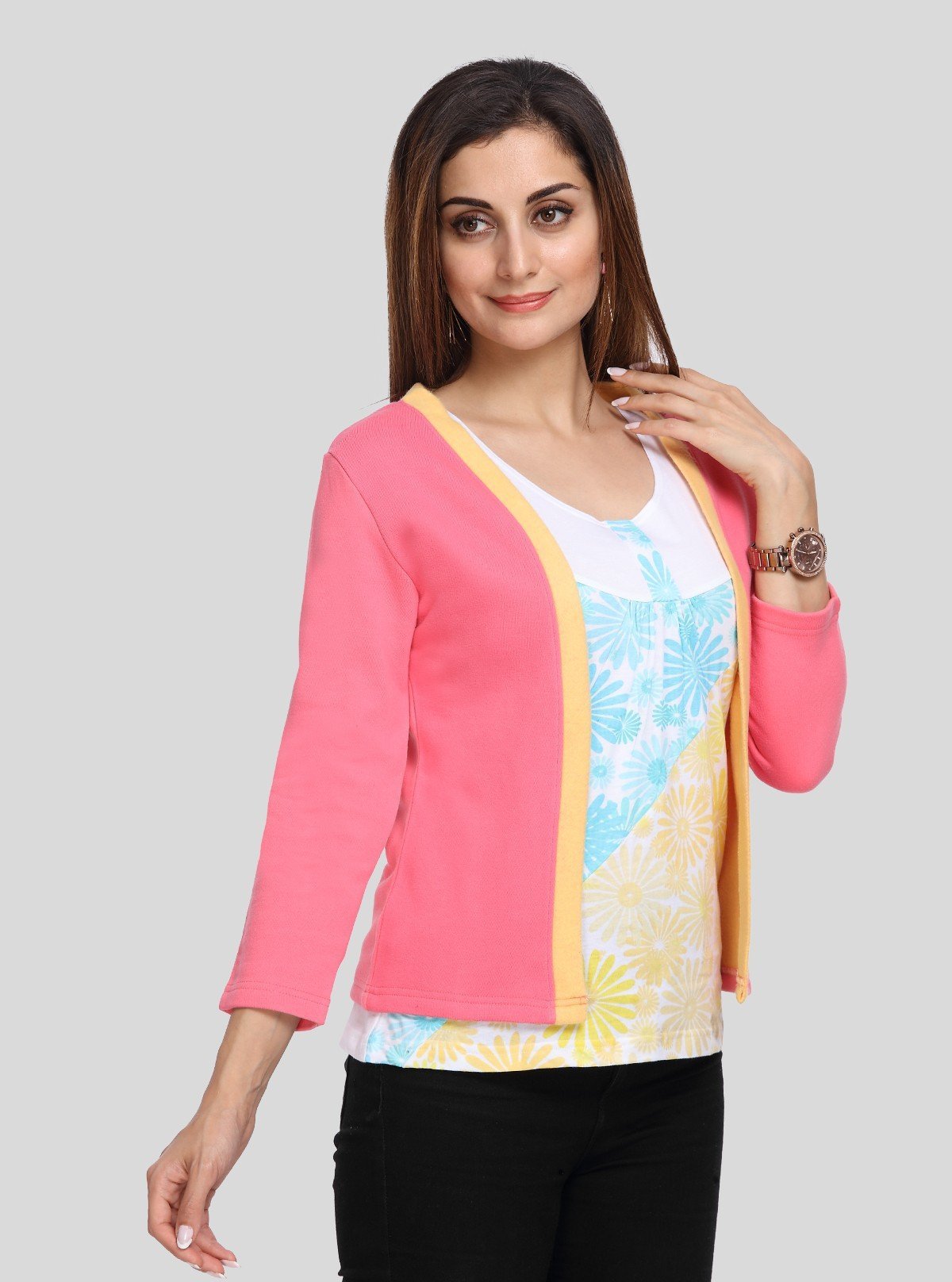 Women's Pink & Yellow Cotton Shrug with Floral Inner – Boer and Fitch - Boer and Fitch