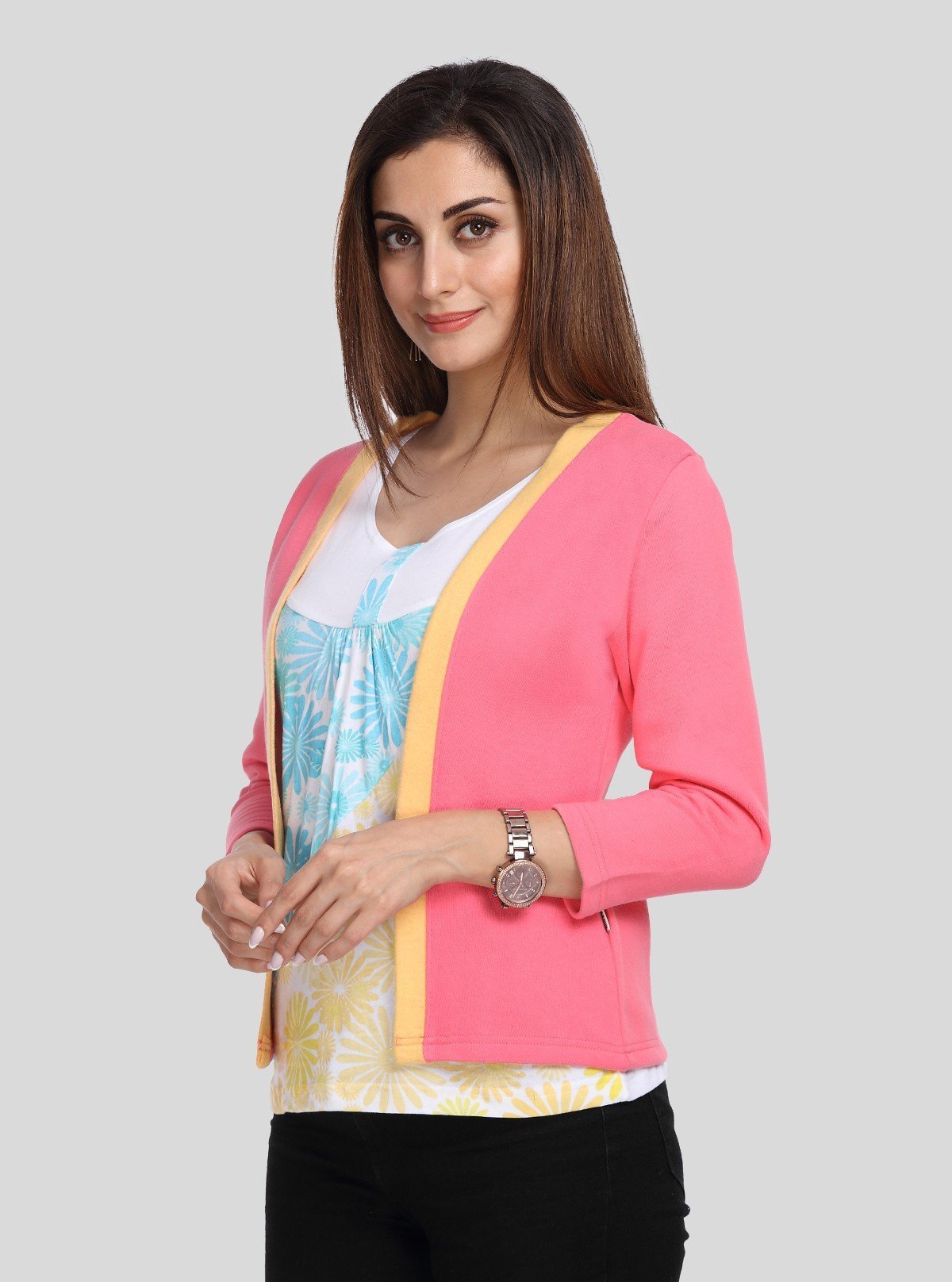 Women's Pink & Yellow Cotton Shrug with Floral Inner – Boer and Fitch - Boer and Fitch